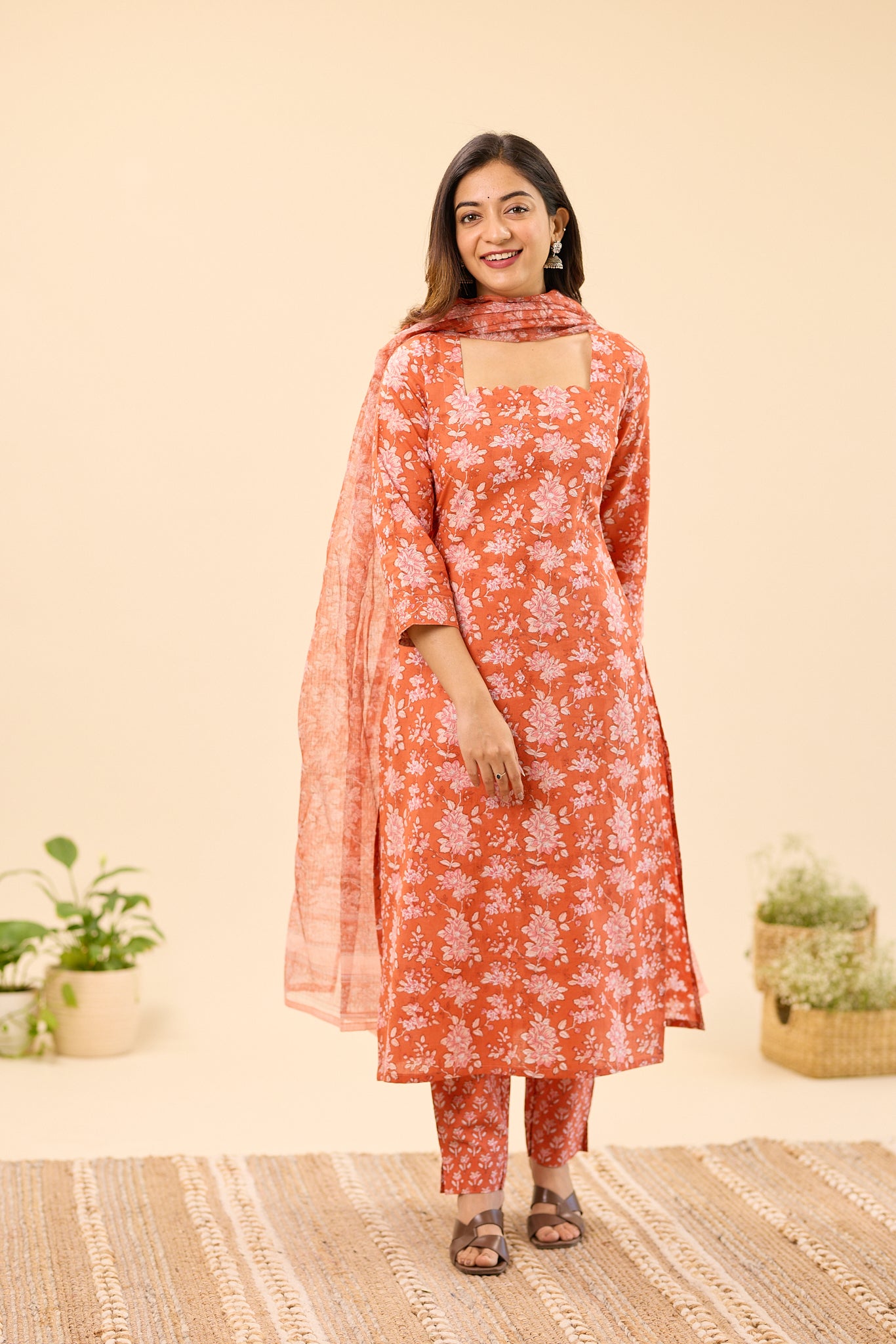Rust Orange with Blush Pink Floral Hand block Printed Kota Dupatta