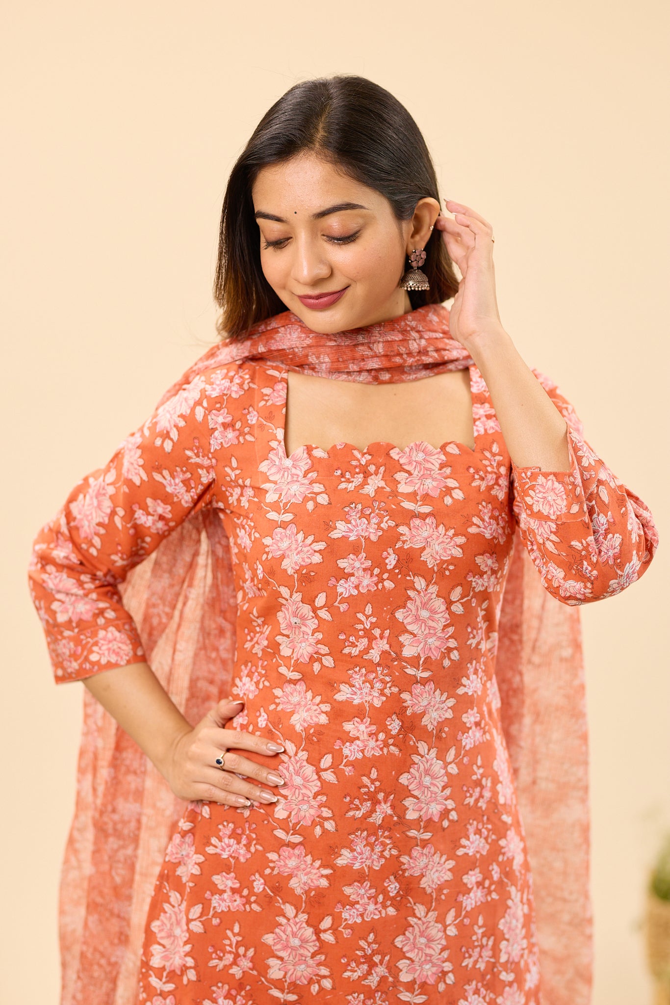 Rust Orange with Blush Pink Floral Hand block Printed Cotton Salwar Suit Set