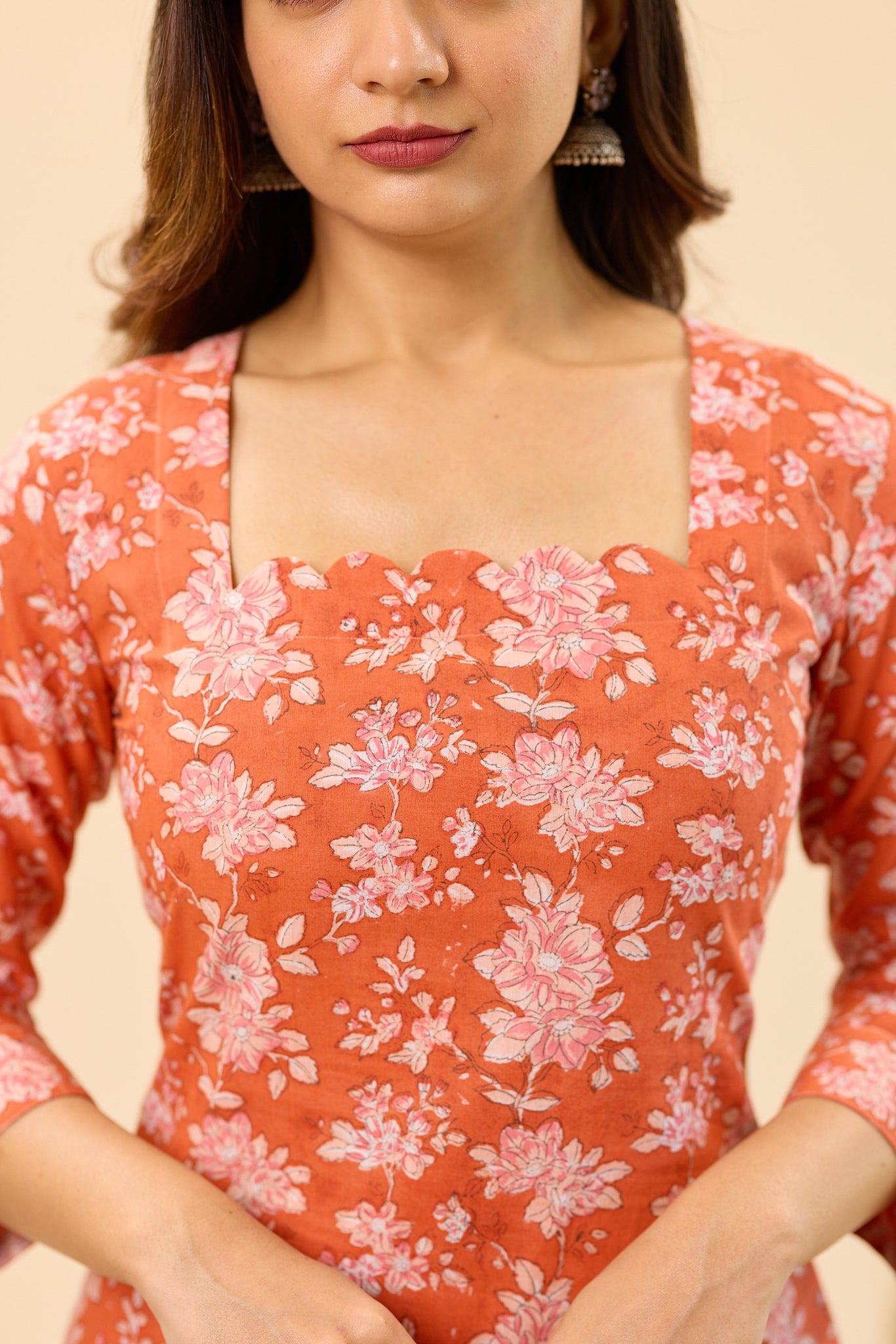 Rust Orange with Blush Pink Floral Hand block Printed Cotton Salwar Suit Set