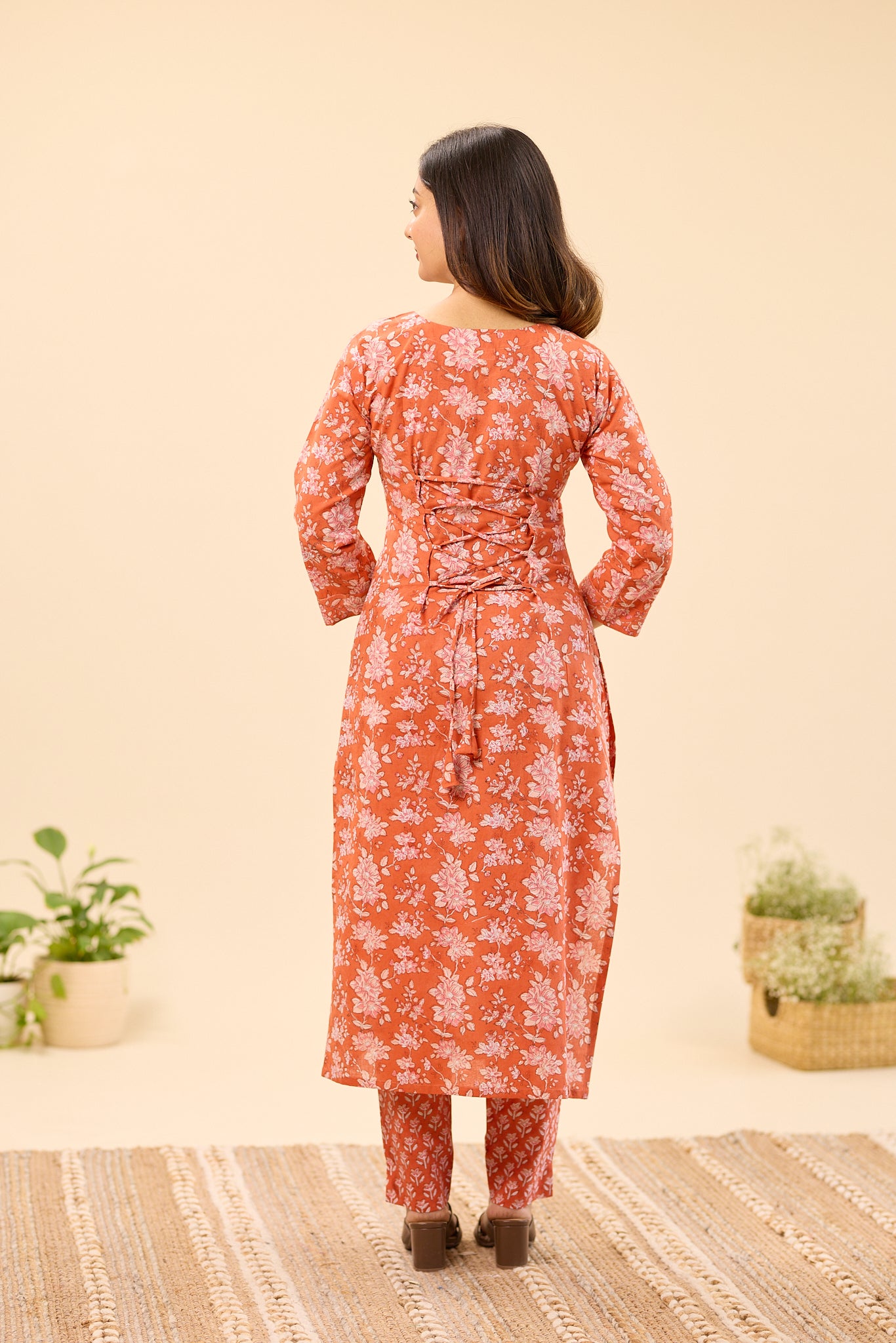 Rust Orange with Blush Pink Floral Hand block Printed Cotton Salwar Suit Set