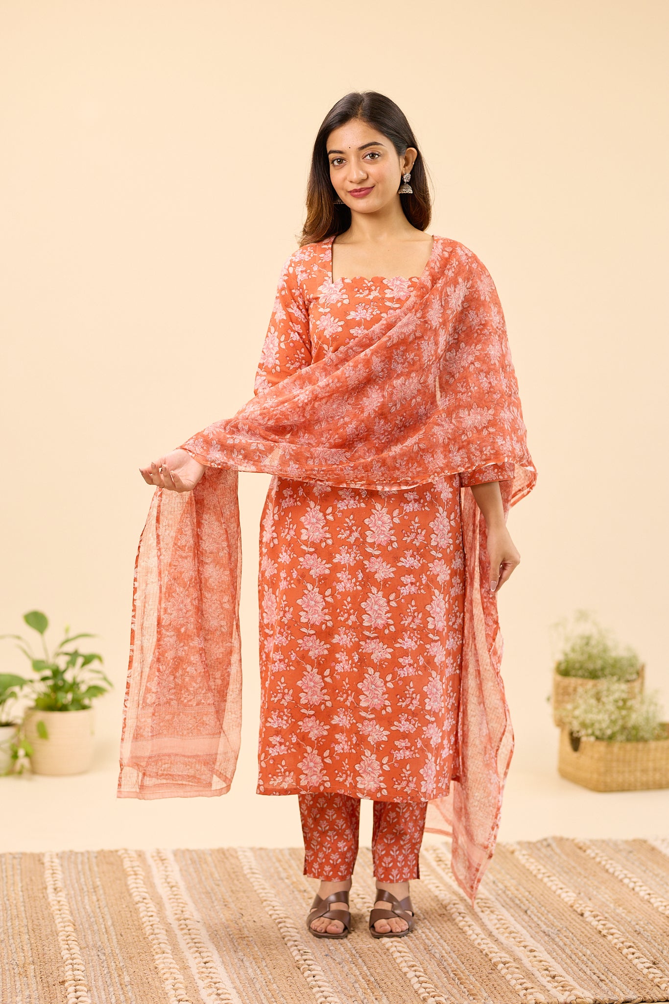 Rust Orange with Blush Pink Floral Hand block Printed Kota Dupatta