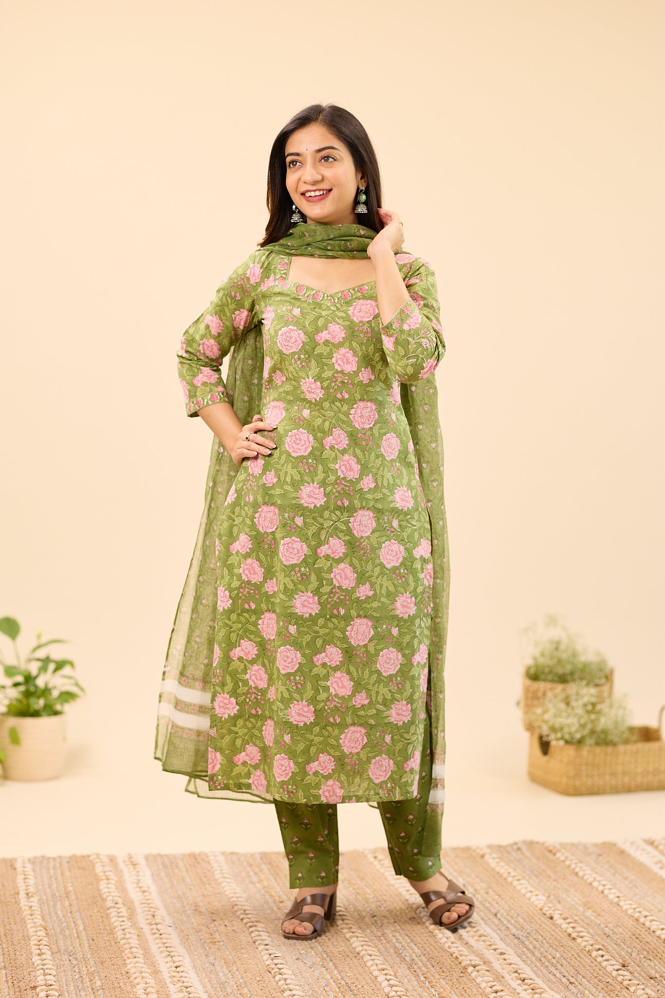Dusty Olive Green with Pink Floral Printed Cotton Salwar Suit Set