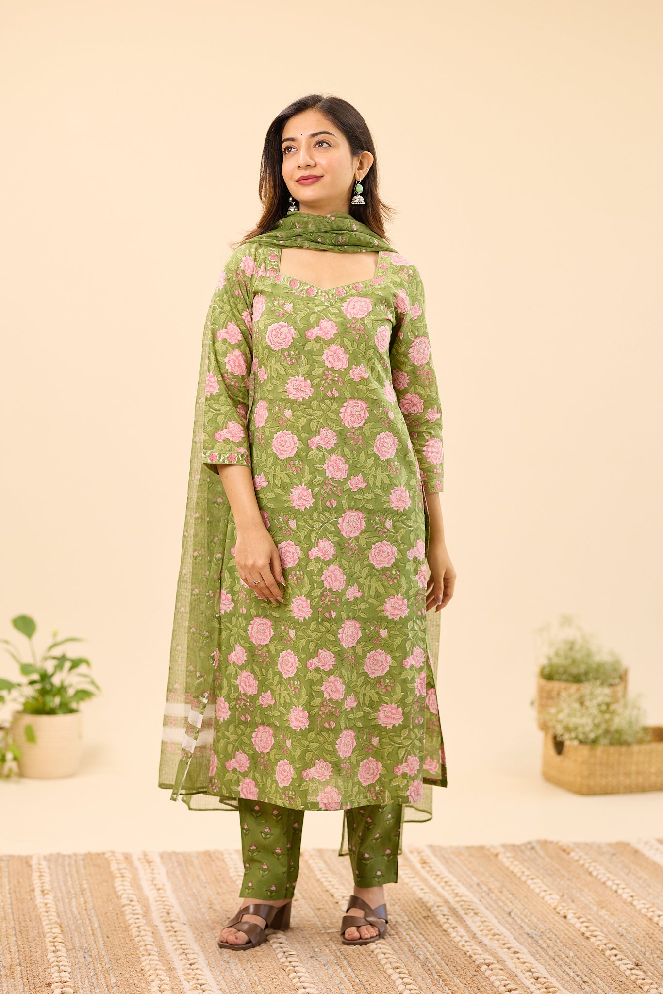 Dusty Olive Green with Pink Floral Printed Kota Dupatta