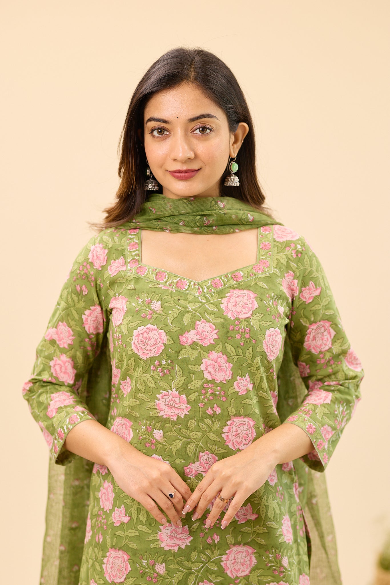 Dusty Olive Green with Pink Floral Printed Kota Dupatta