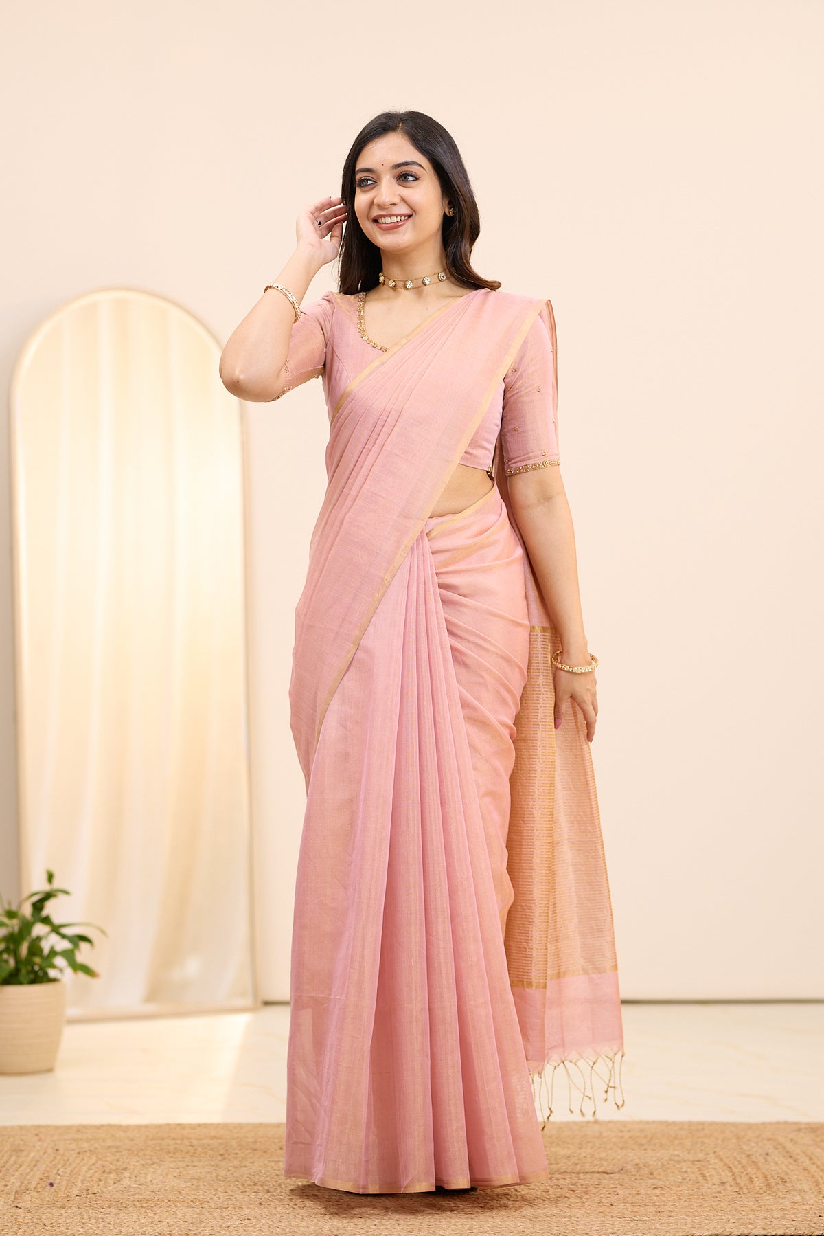 Ballet Pink Maheshwari Tissue Silk Cotton Saree
