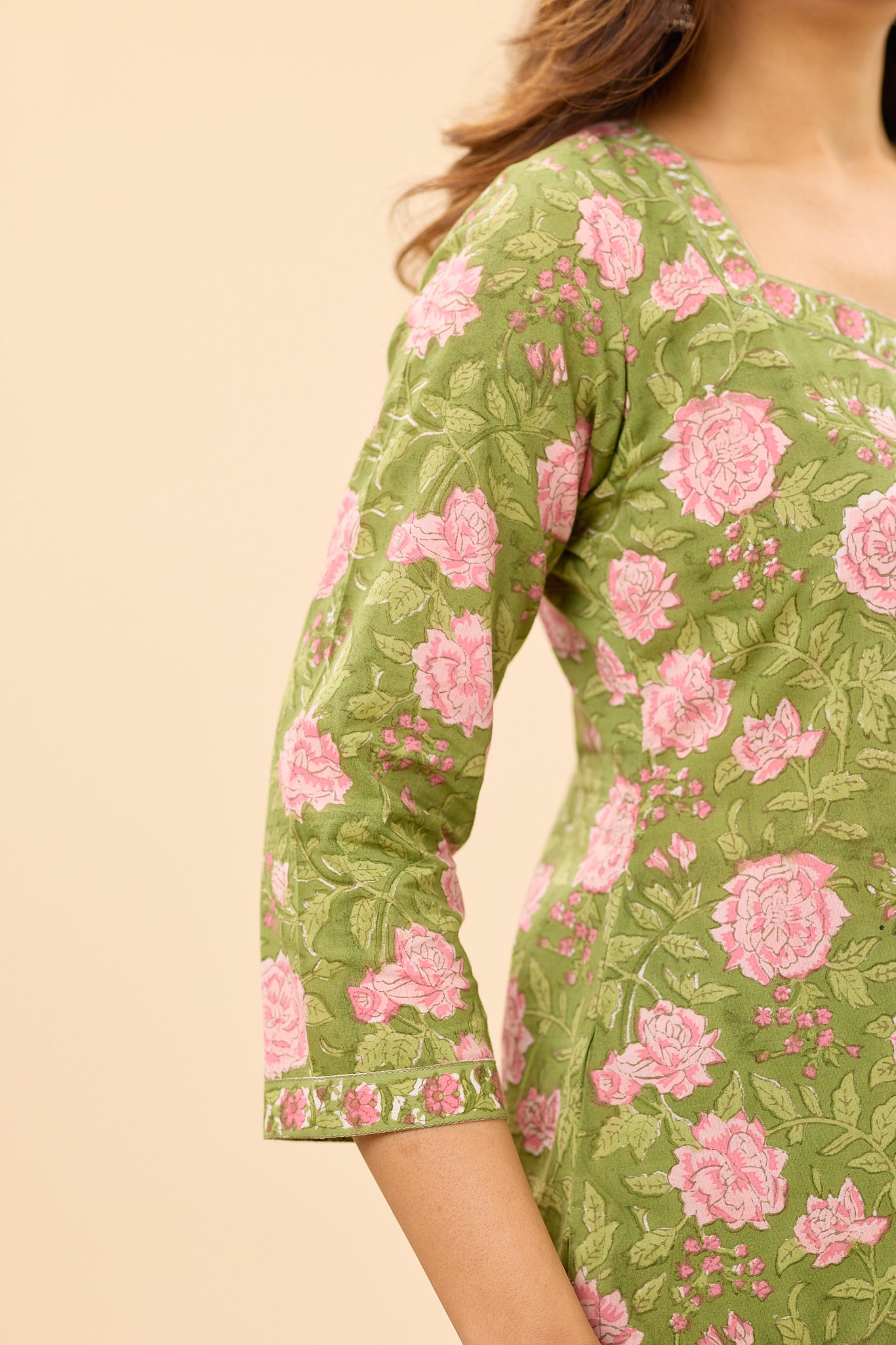Dusty Olive Green with Pink Floral Printed Cotton Salwar Suit Set