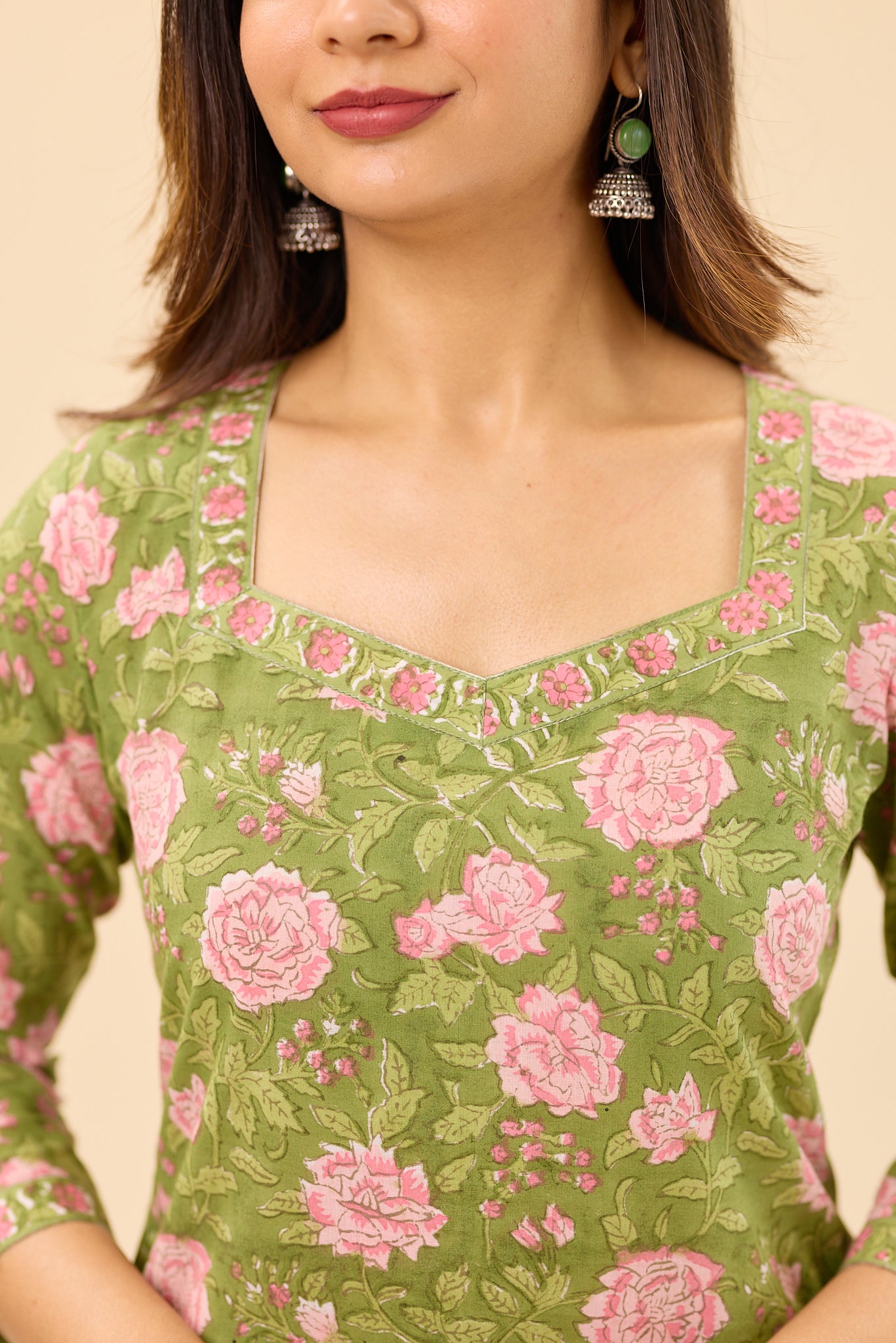 Dusty Olive Green with Pink Floral Printed Cotton Salwar Suit Set