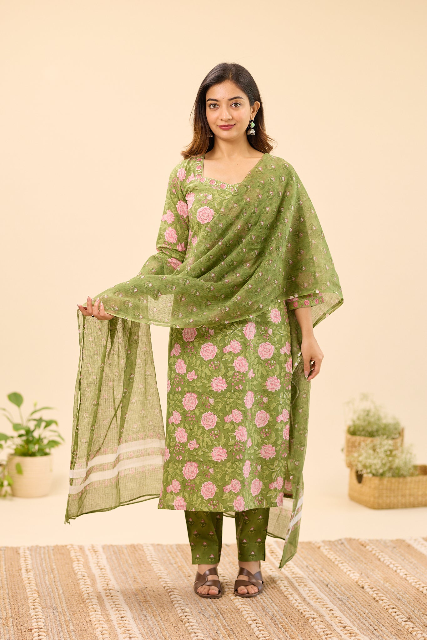 Dusty Olive Green with Pink Floral Printed Kota Dupatta