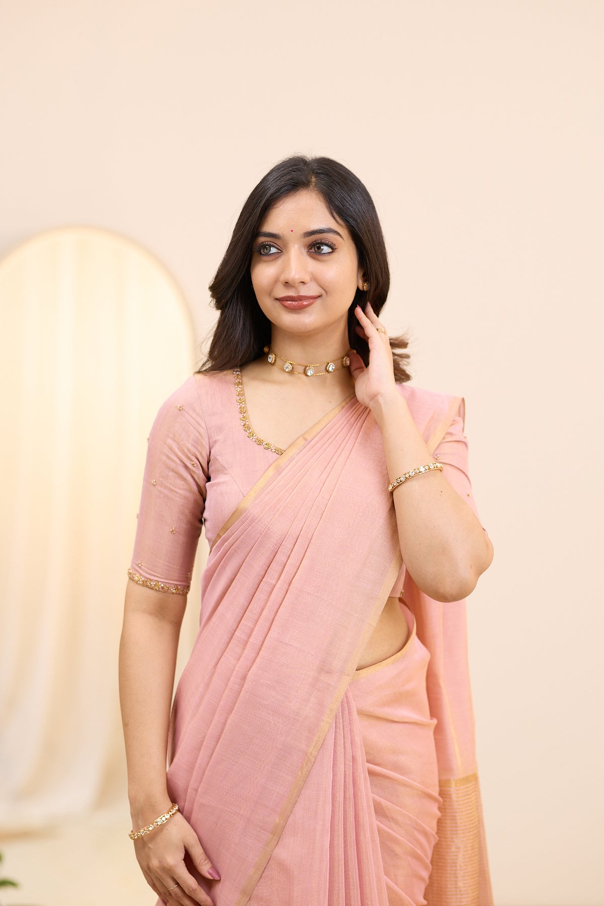 Ballet Pink Maheshwari Tissue Silk Cotton Saree