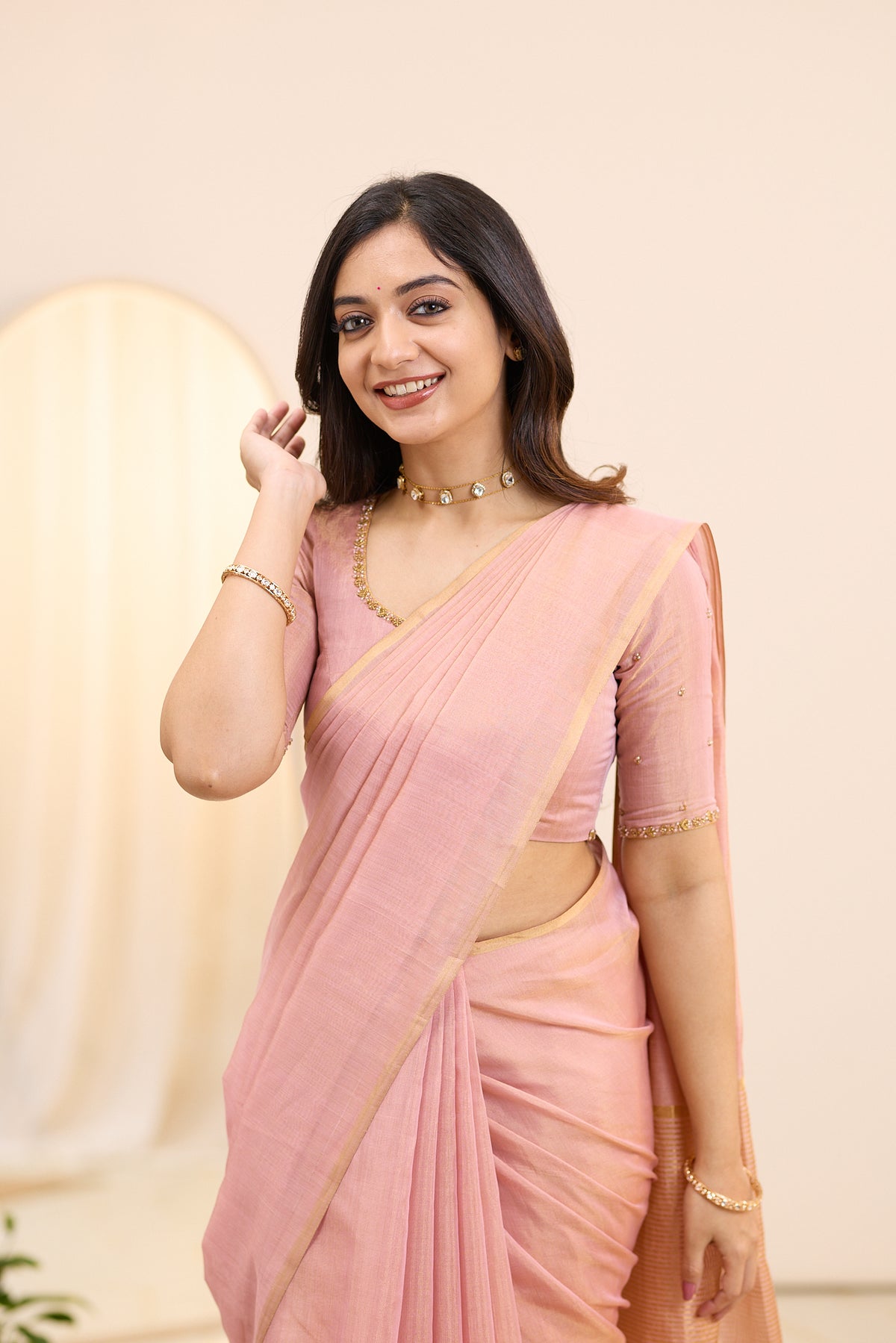 Ballet Pink Maheshwari Tissue Silk Cotton Saree