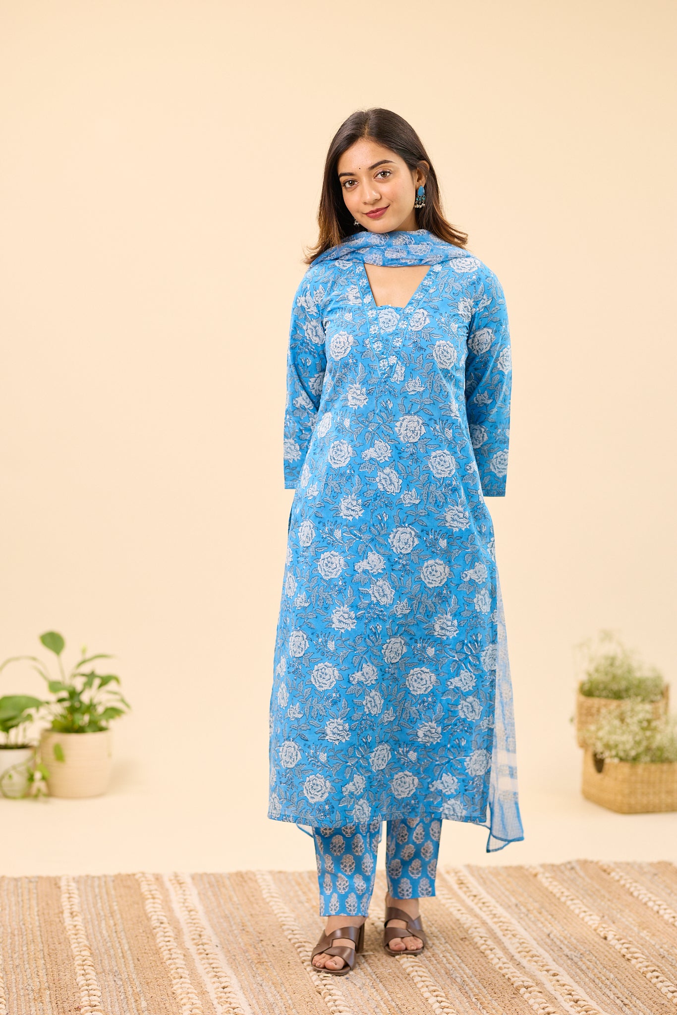 Sky Blue with white Floral Hand Block Printed Cotton Salwar Suit Set