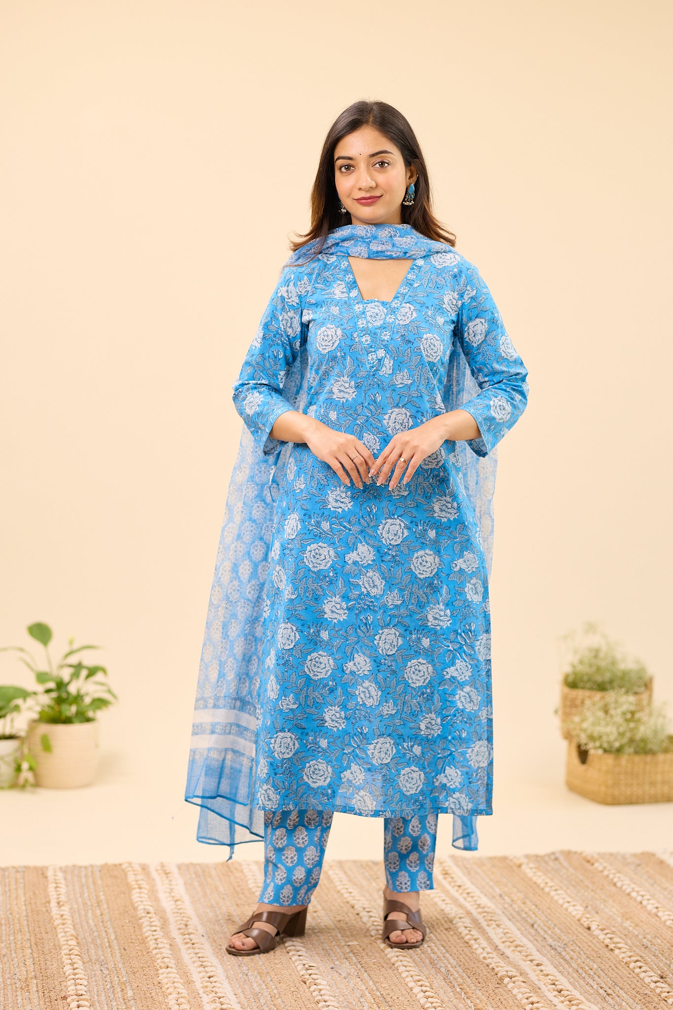 Sky Blue with white Floral Hand Block Printed Cotton Salwar Suit Set