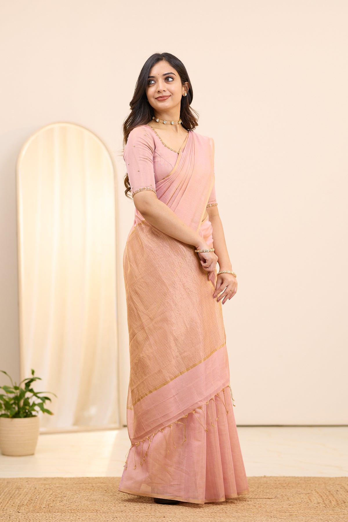 Ballet Pink Maheshwari Tissue Silk Cotton Saree
