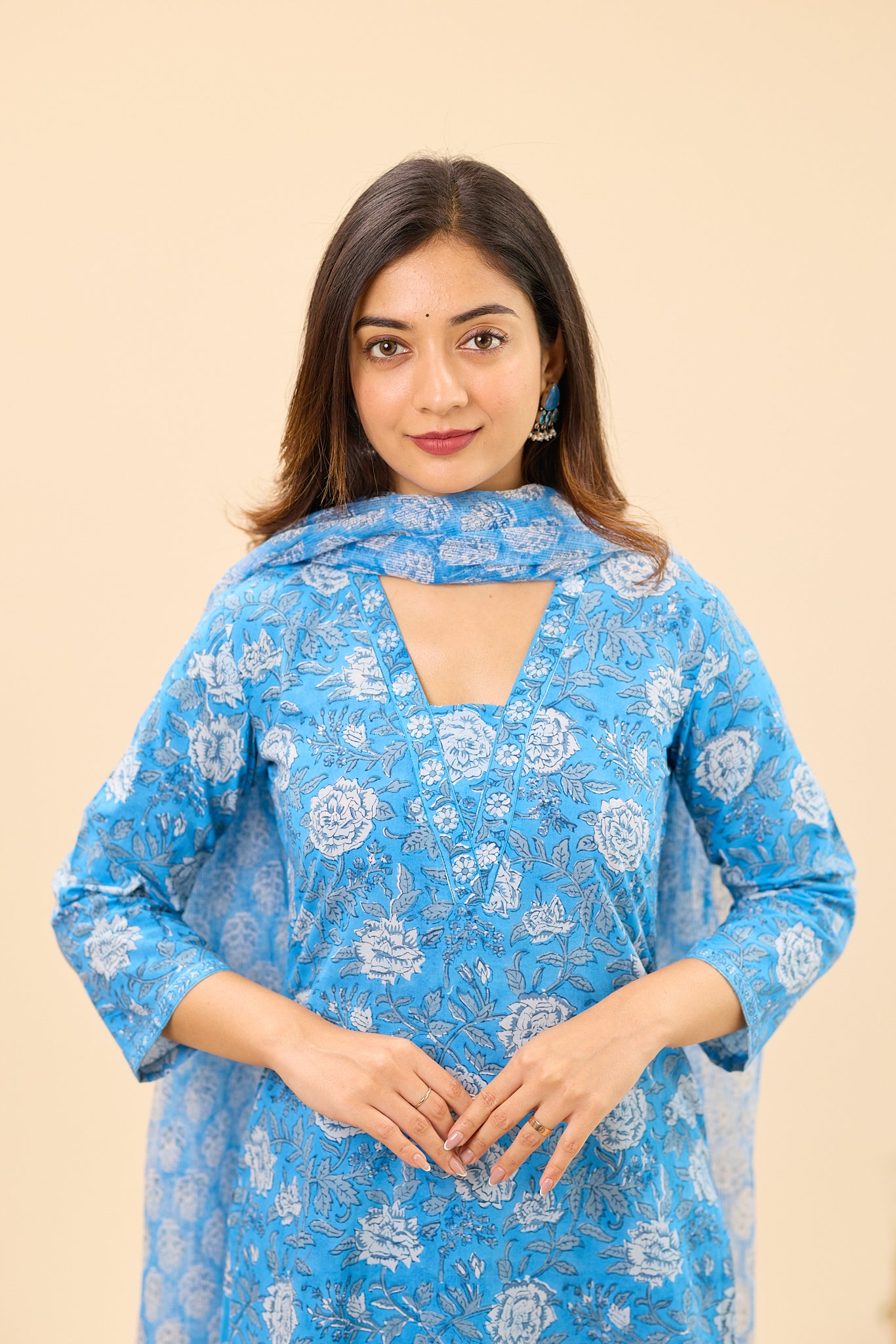Sky Blue with white Floral Hand Block Printed Cotton Salwar Suit Set