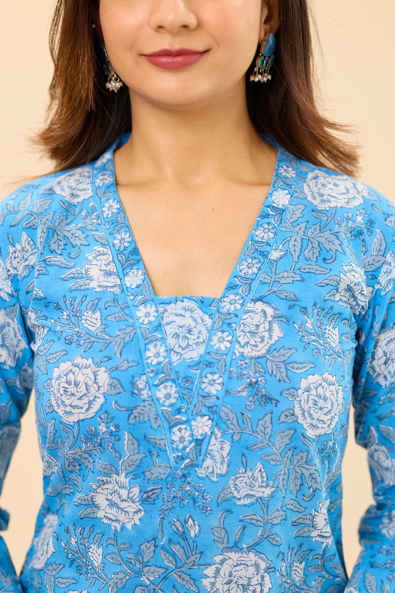 Sky Blue with white Floral Hand Block Printed Cotton Salwar Suit Set