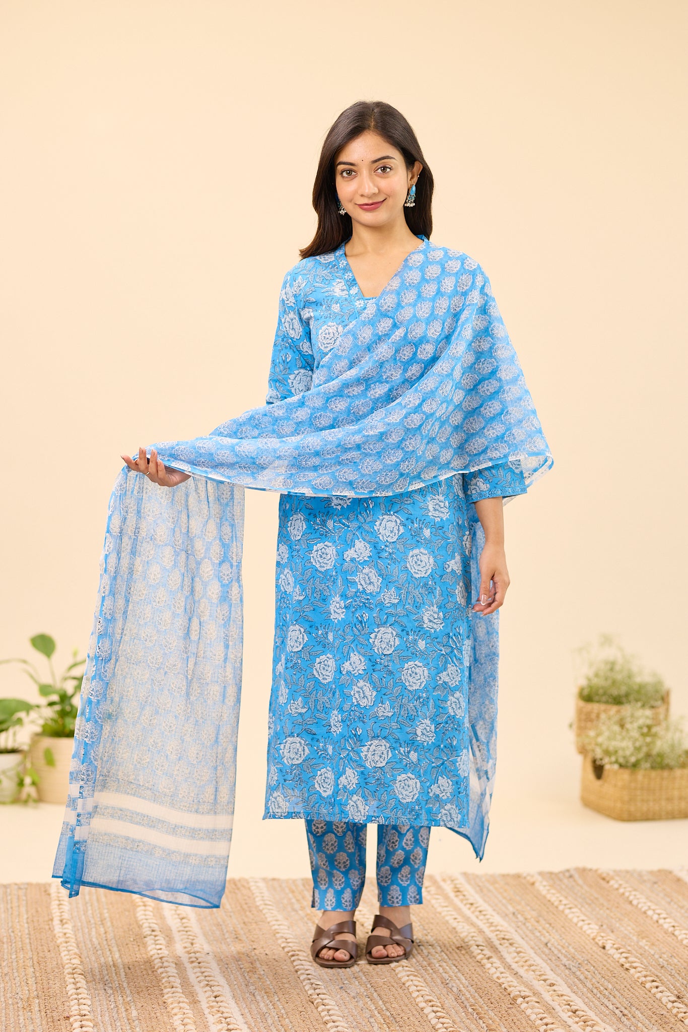 Sky Blue with white Floral Hand Block Printed Kota Dupatta