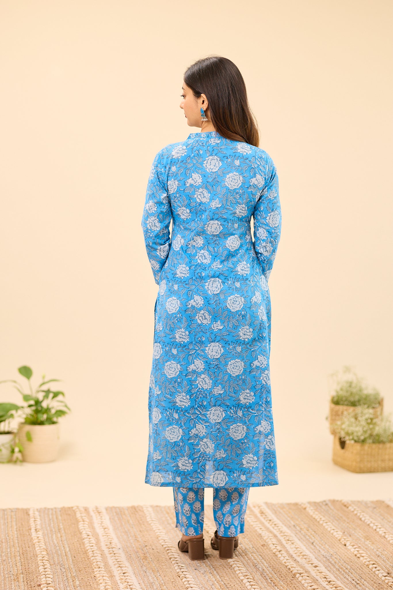 Sky Blue with white Floral Hand Block Printed Cotton Salwar Suit Set