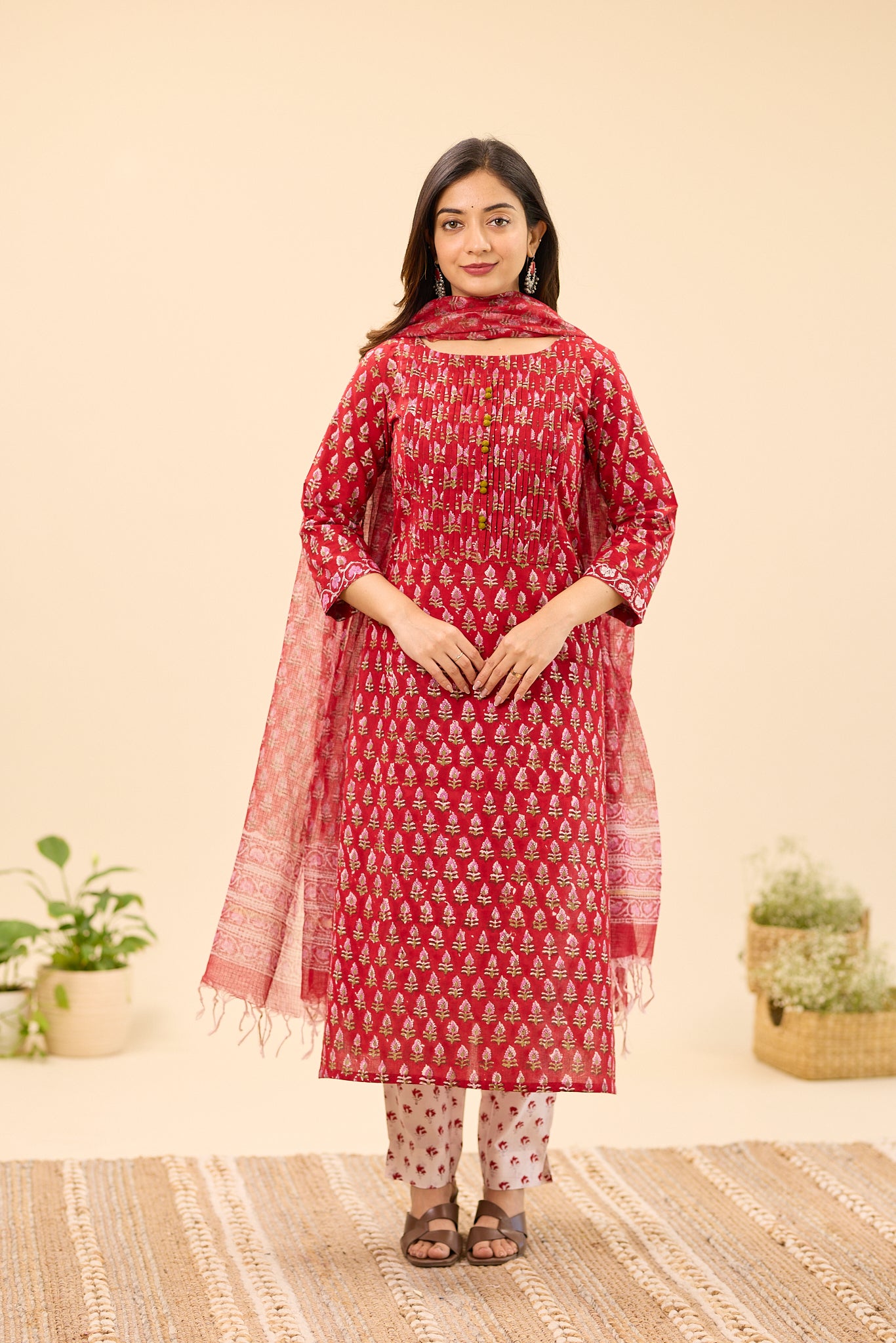 Deep Red Floral Buti Handblock Printed Cotton Salwar Suit Set