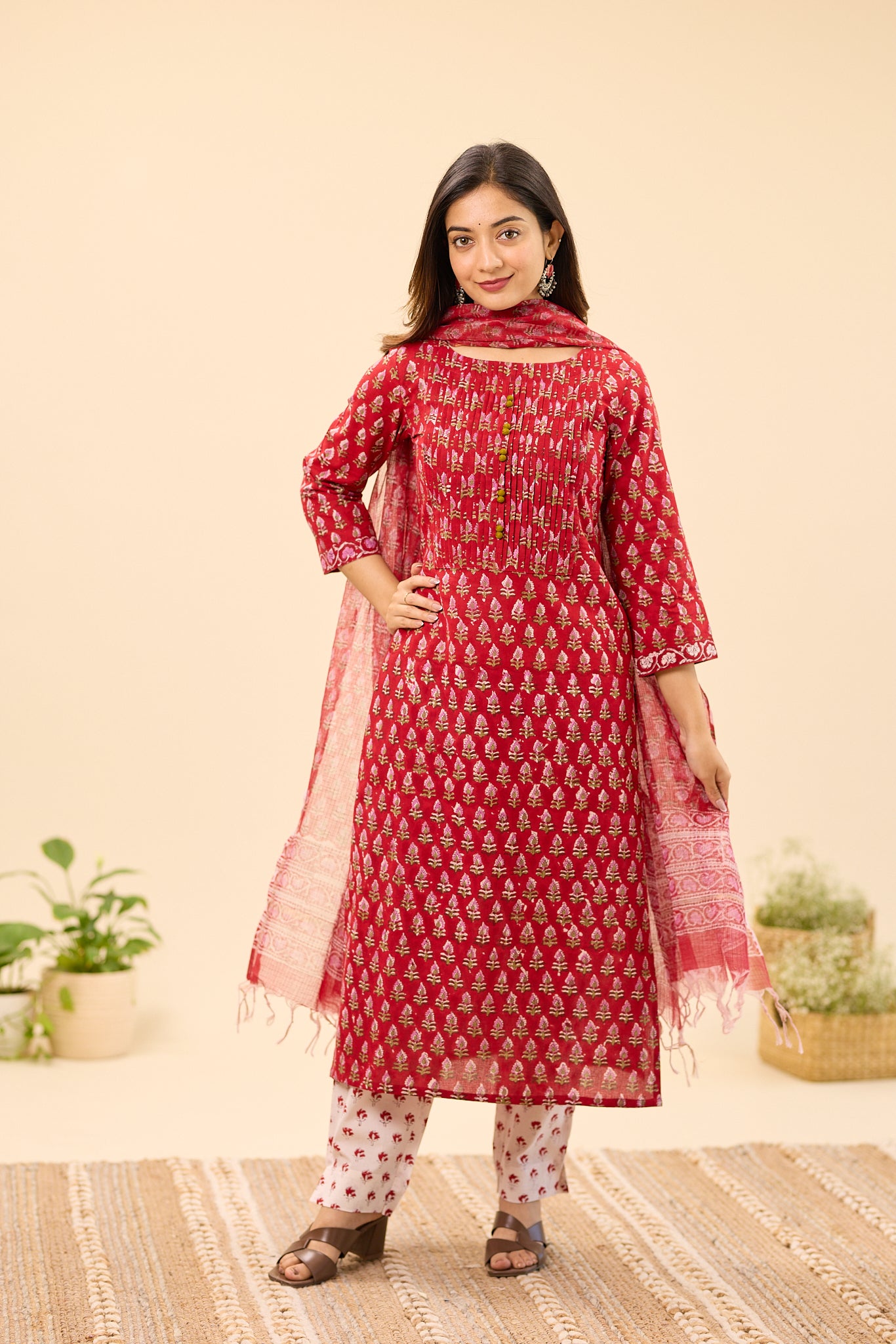 Deep Red Floral Buti Handblock Printed Cotton Salwar Suit Set