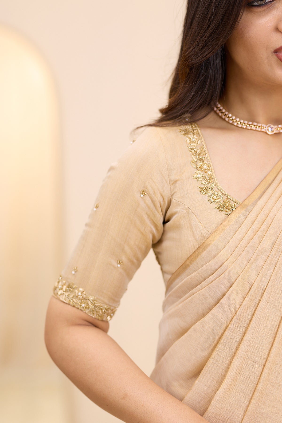 Champagne Glow Maheshwari Tissue Silk Cotton Saree