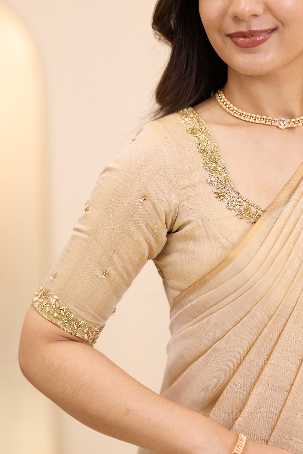 Champagne Glow Maheshwari Tissue Silk Cotton Saree