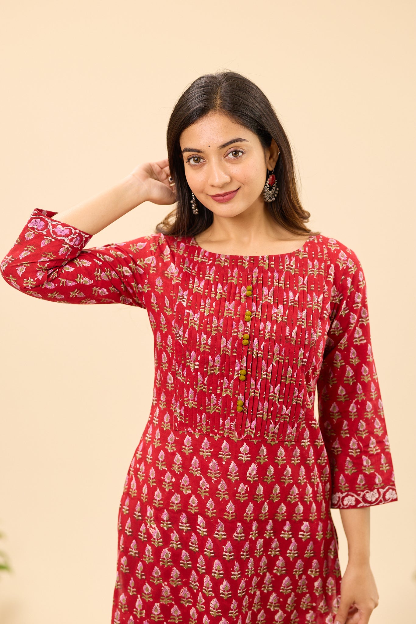 Deep Red Floral Buti Handblock Printed Cotton Salwar Suit Set