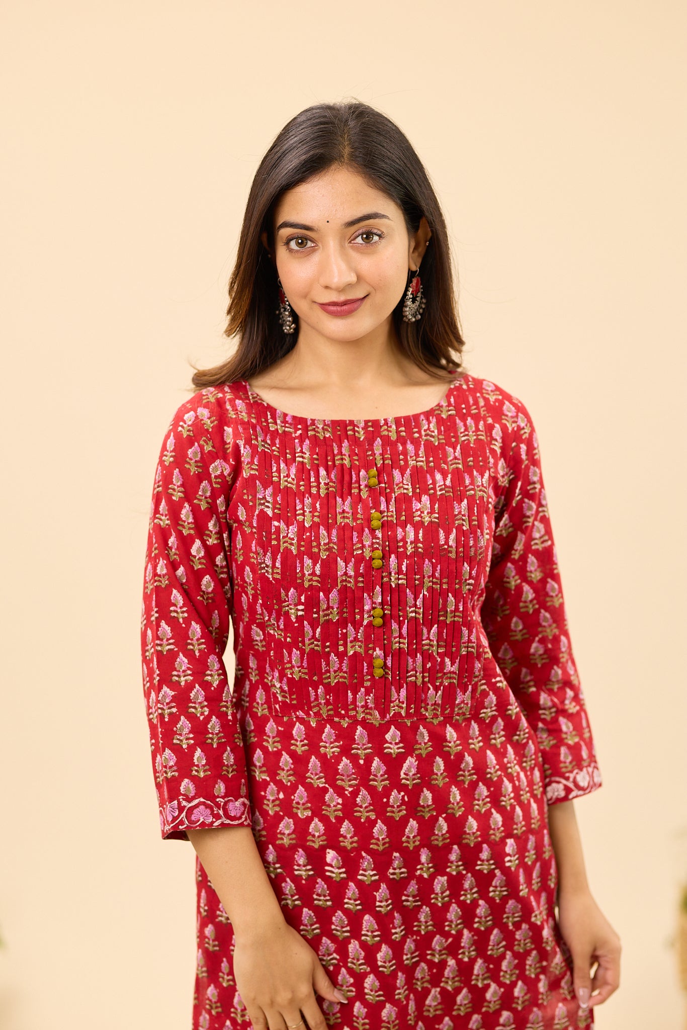 Deep Red Floral Buti Handblock Printed Cotton Salwar Suit Set