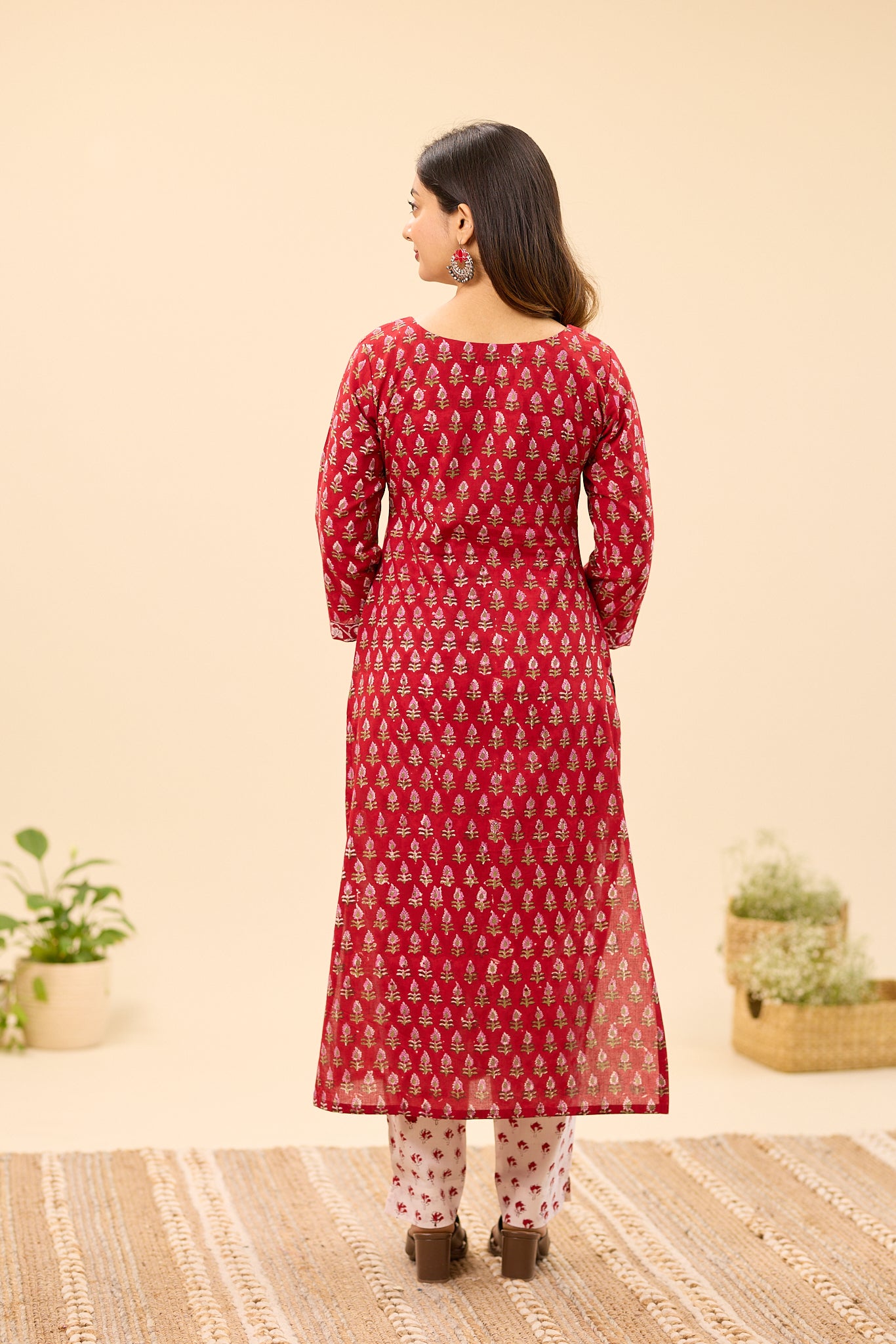 Deep Red Floral Buti Handblock Printed Cotton Salwar Suit Set
