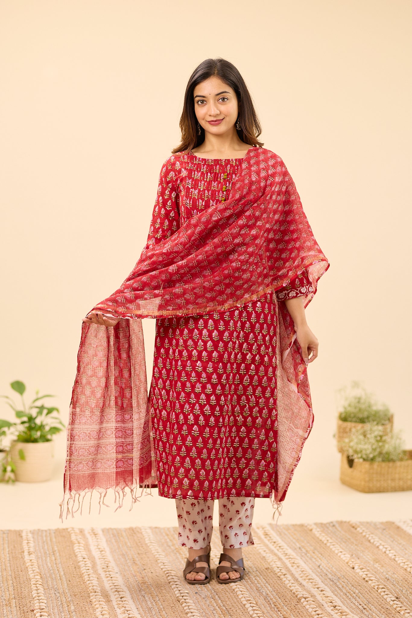 Deep Red Floral Buti Handblock Printed Kota Dupatta