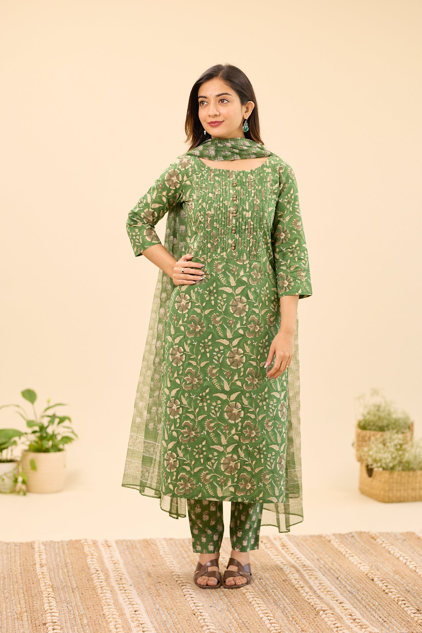 Dusty  Green  Floral Hand block  Printed Cotton Salwar Suit Set