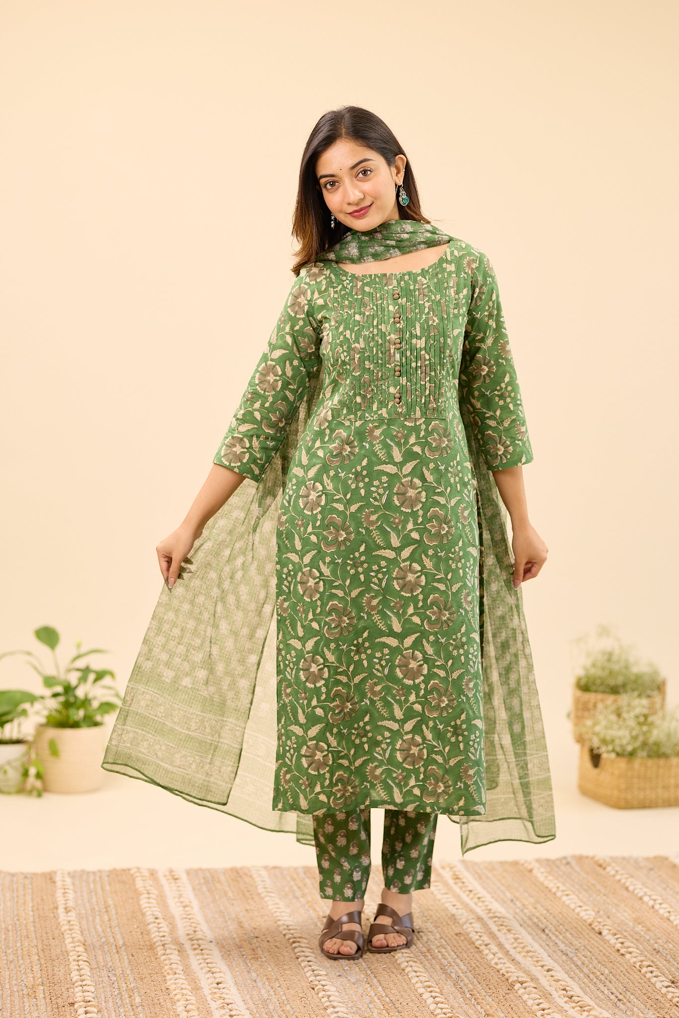 Dusty Green Floral Hand block  Printed Kota Dupatta