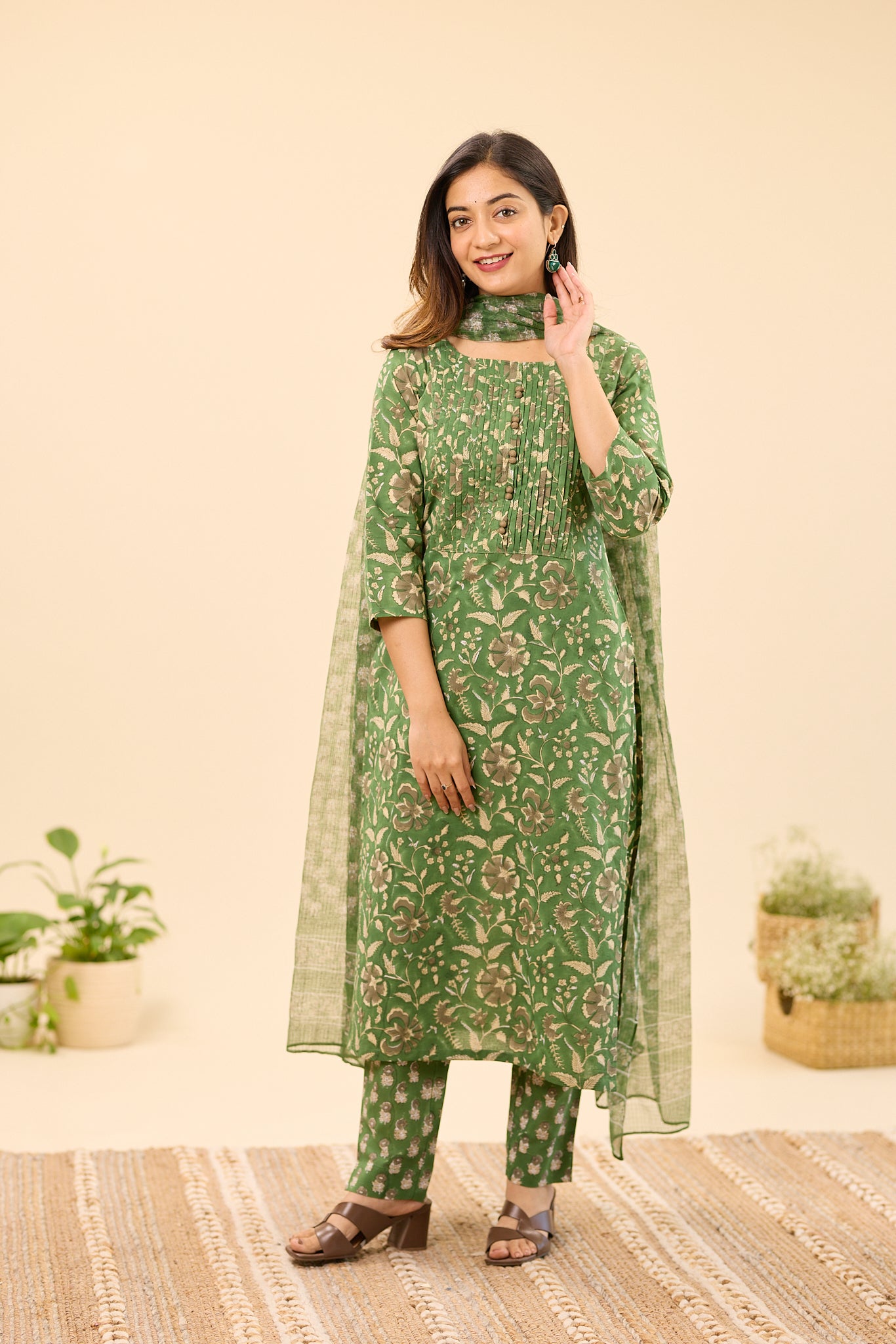 Dusty  Green  Floral Hand block  Printed Cotton Salwar Suit Set