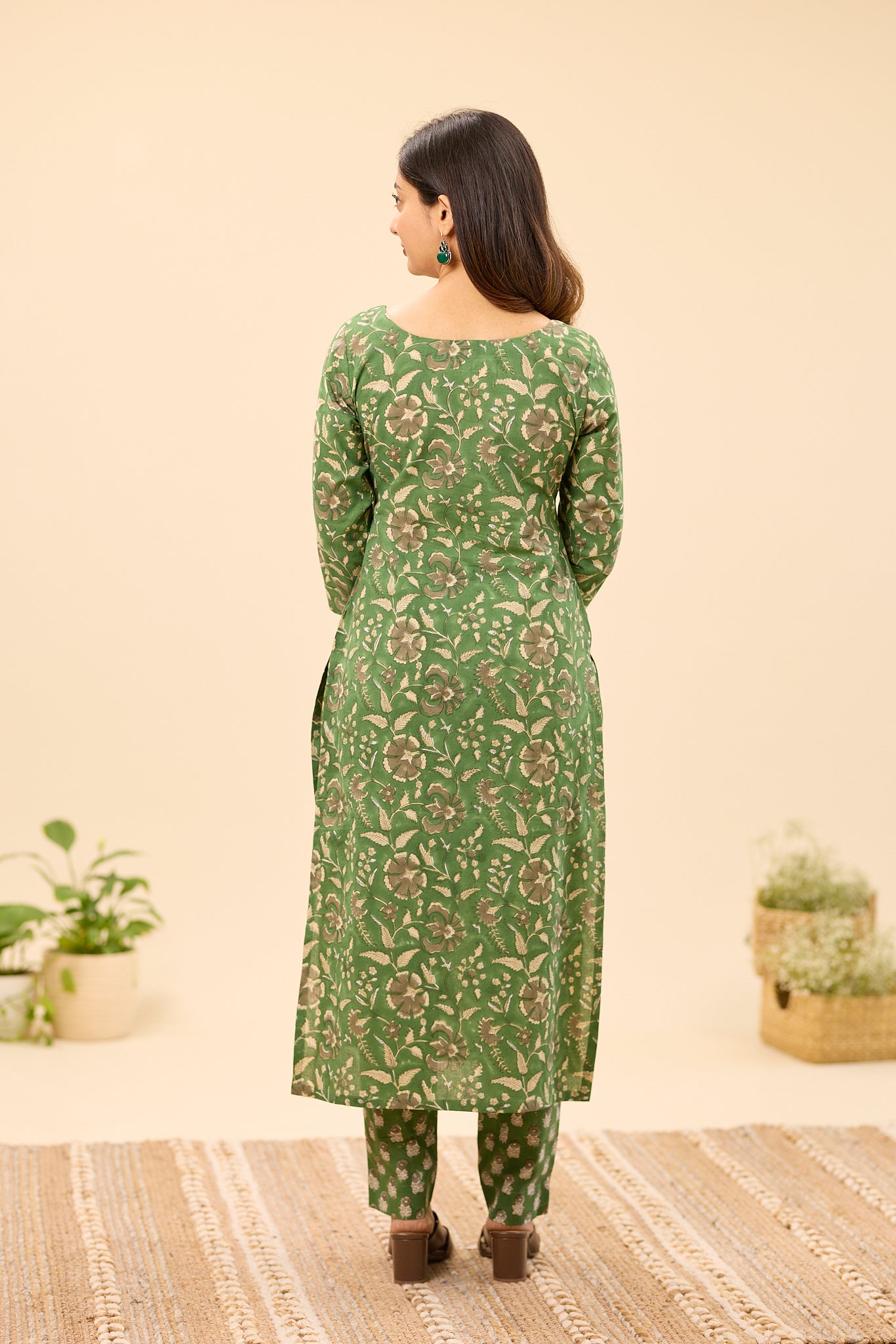 Dusty  Green  Floral Hand block  Printed Cotton Salwar Suit Set