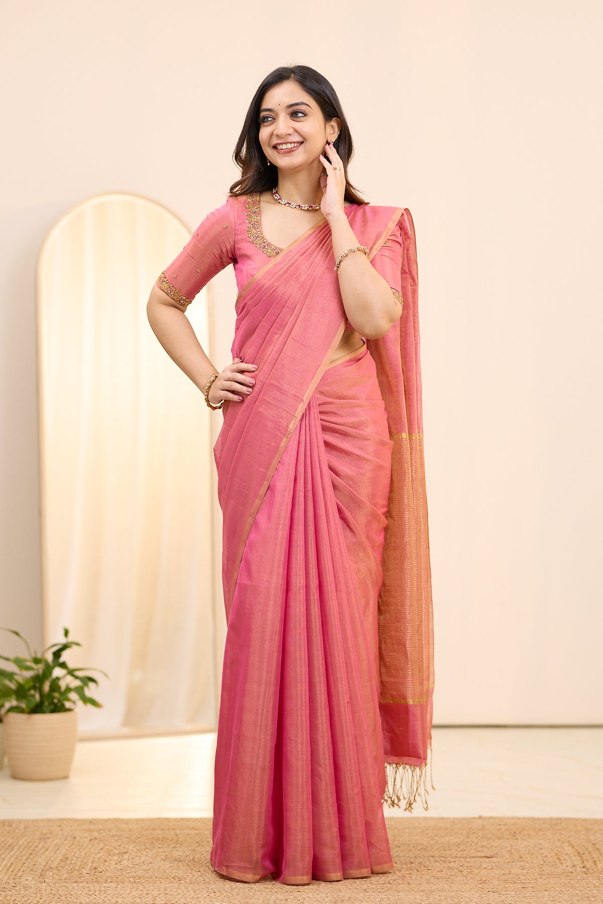 Rose Radiance Maheshwari Tissue Silk Cotton Saree
