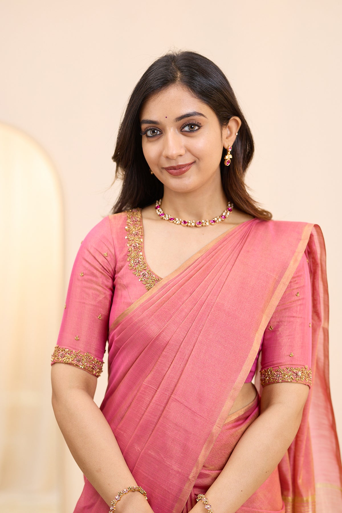 Rose Radiance Maheshwari Tissue Silk Cotton Saree
