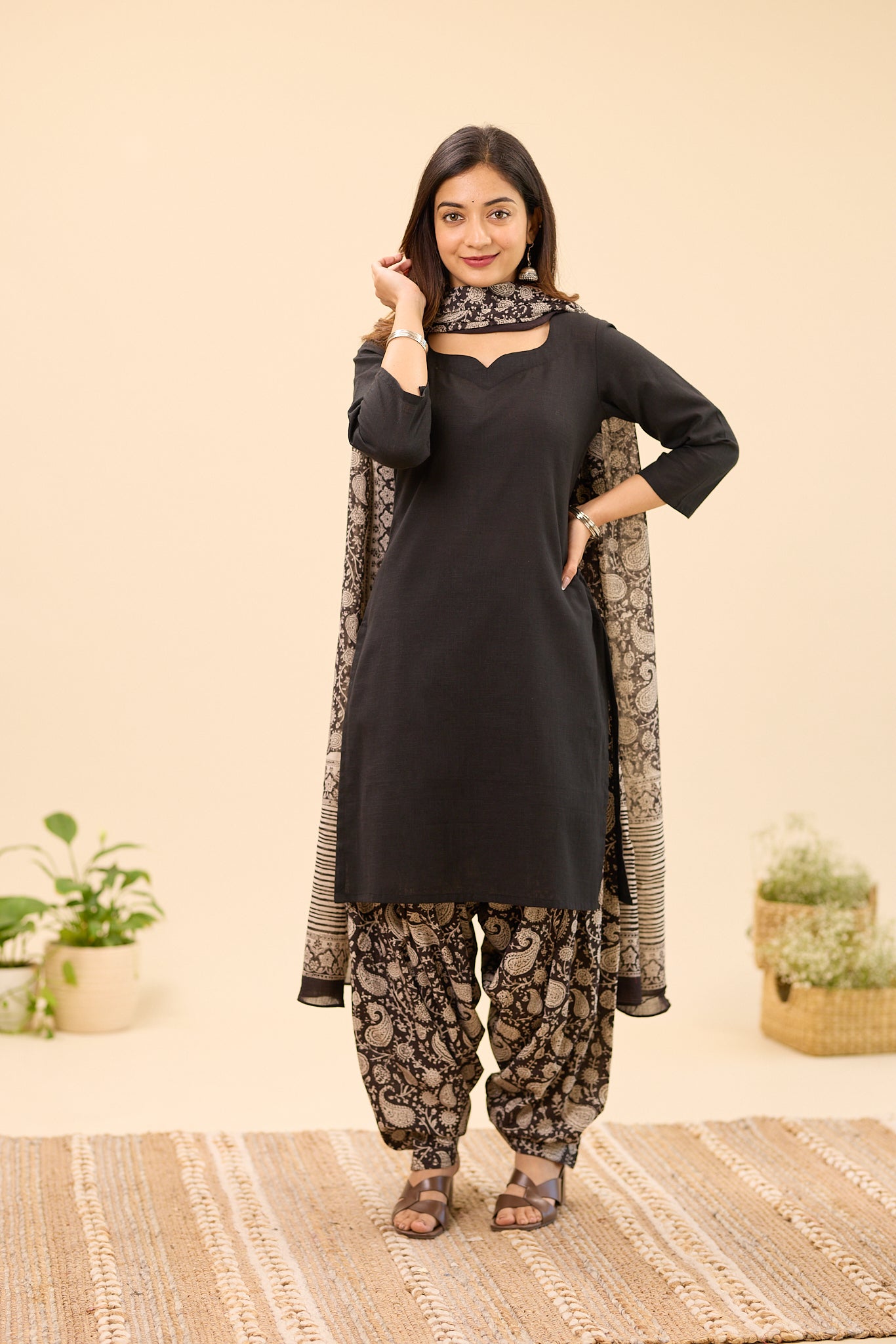 Black Bagru Block Printed Patiala Cotton Salwar Suit Set
