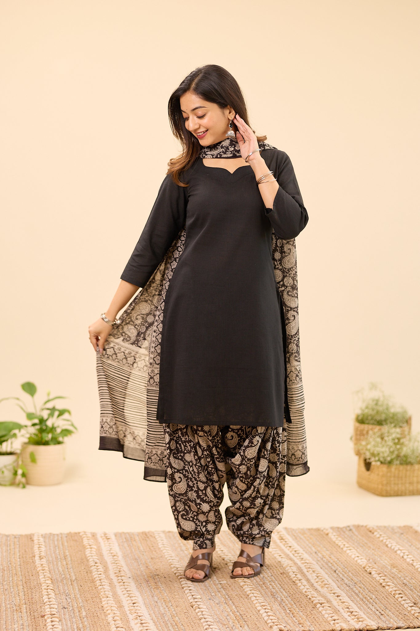 Black Bagru Block Printed Patiala Cotton Salwar Suit Set