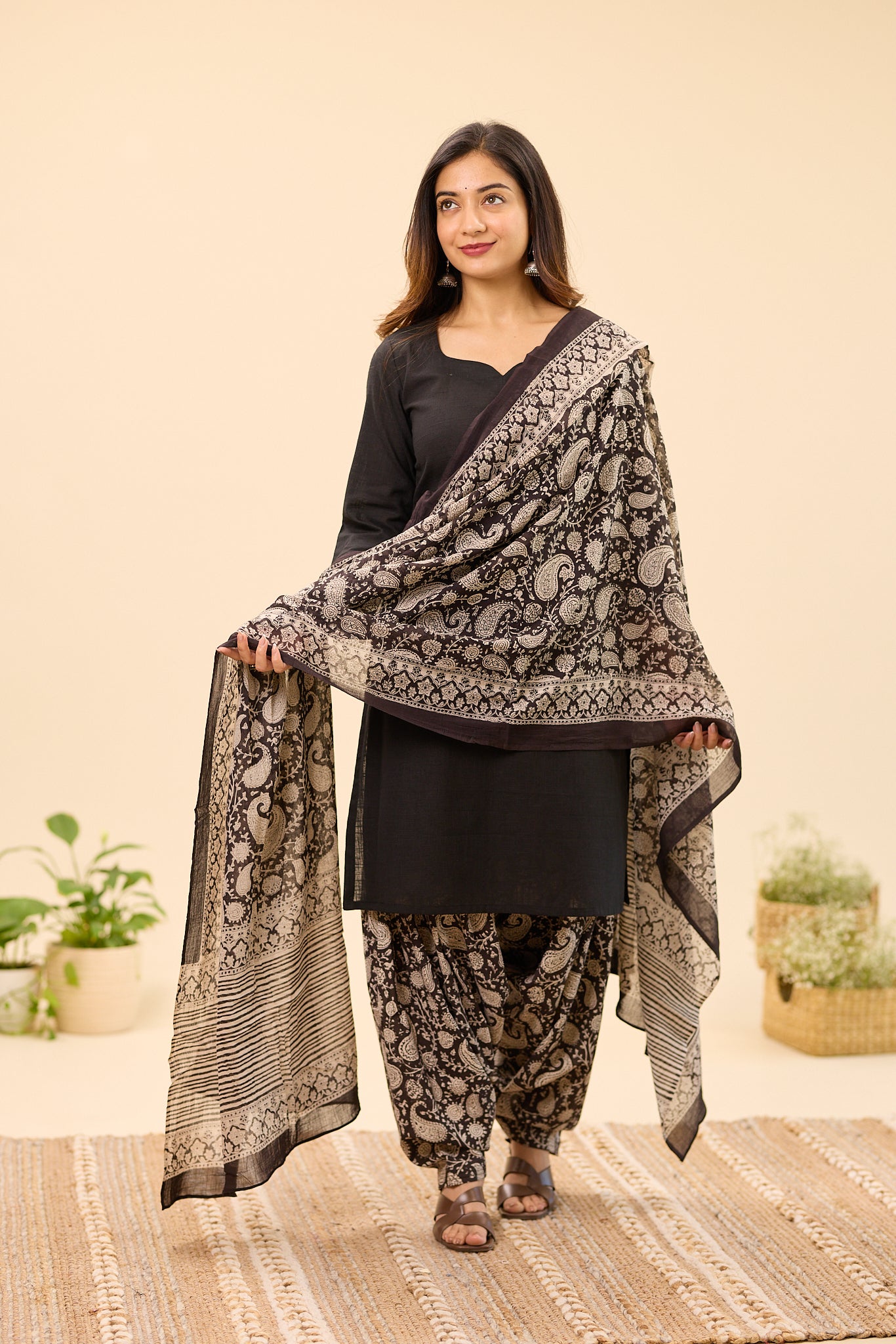 Black with Ash Grey Bagru Printed Mul Dupatta