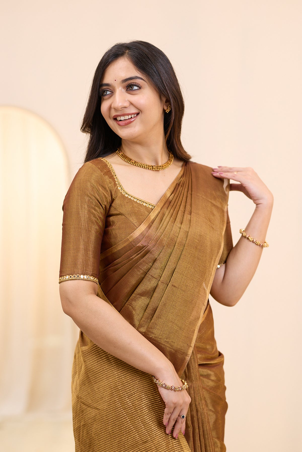 Bronzed Twilight Maheshwari Tissue Silk Cotton Saree