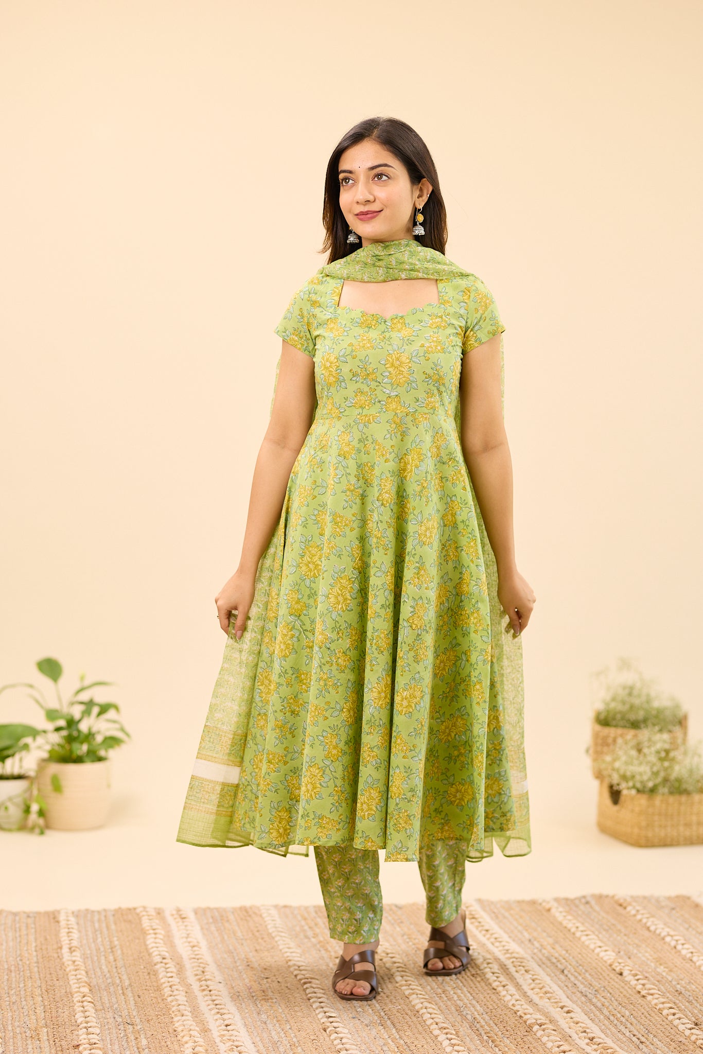 Pistachio Green with Yellow Floral Hand Block Printed Cotton Anarkali Suit Set