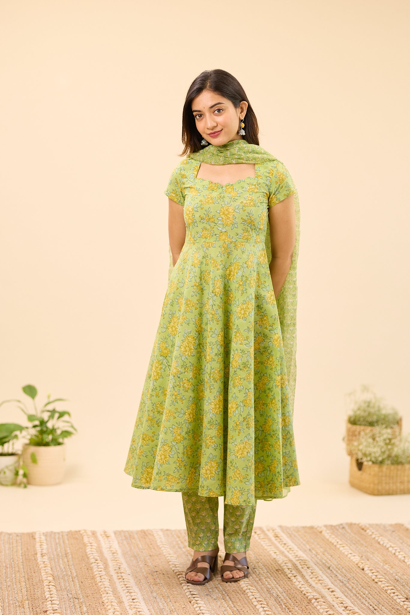 Pistachio Green with Yellow Floral Hand Block Printed Cotton Anarkali Suit Set