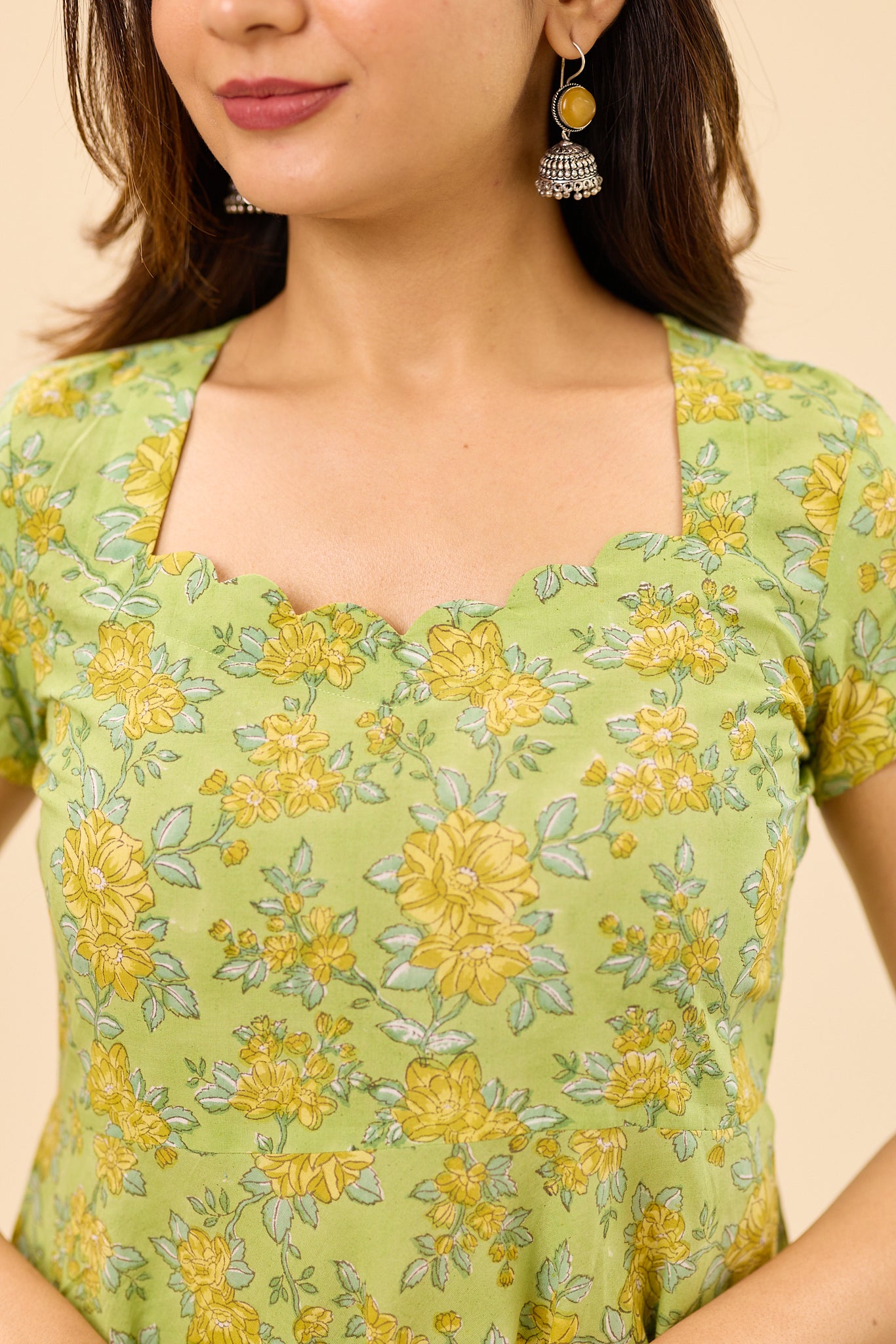 Pistachio Green with Yellow Floral Hand Block Printed Cotton Anarkali Suit Set