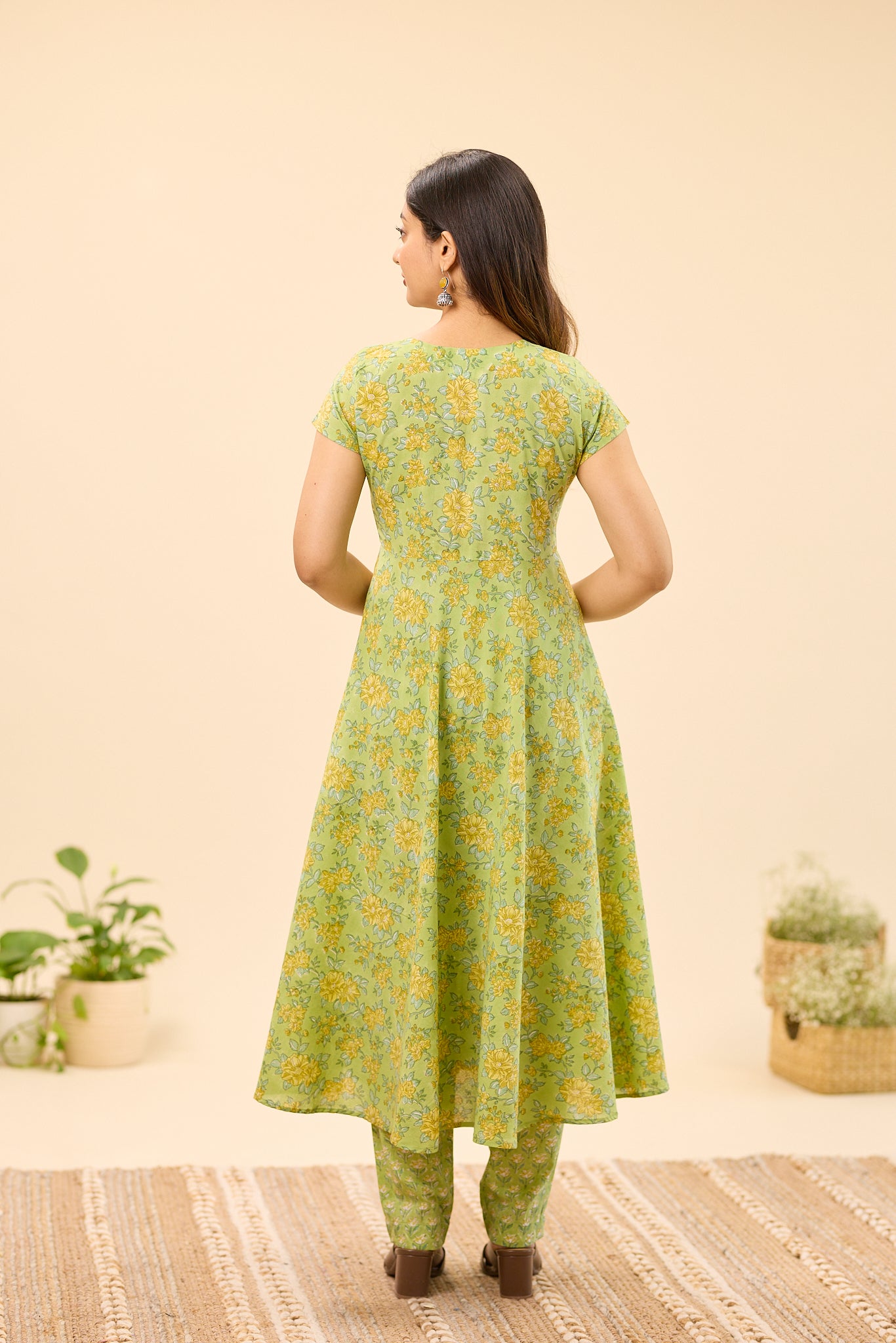 Pistachio Green with Yellow Floral Hand Block Printed Cotton Anarkali Suit Set