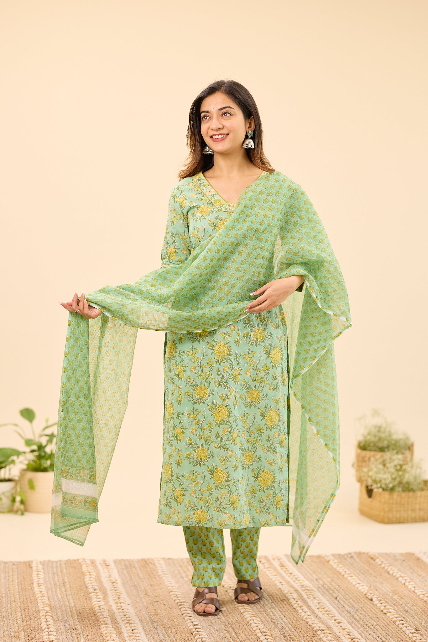 Pastel Green with Mustard Floral Printed Kota Dupatta