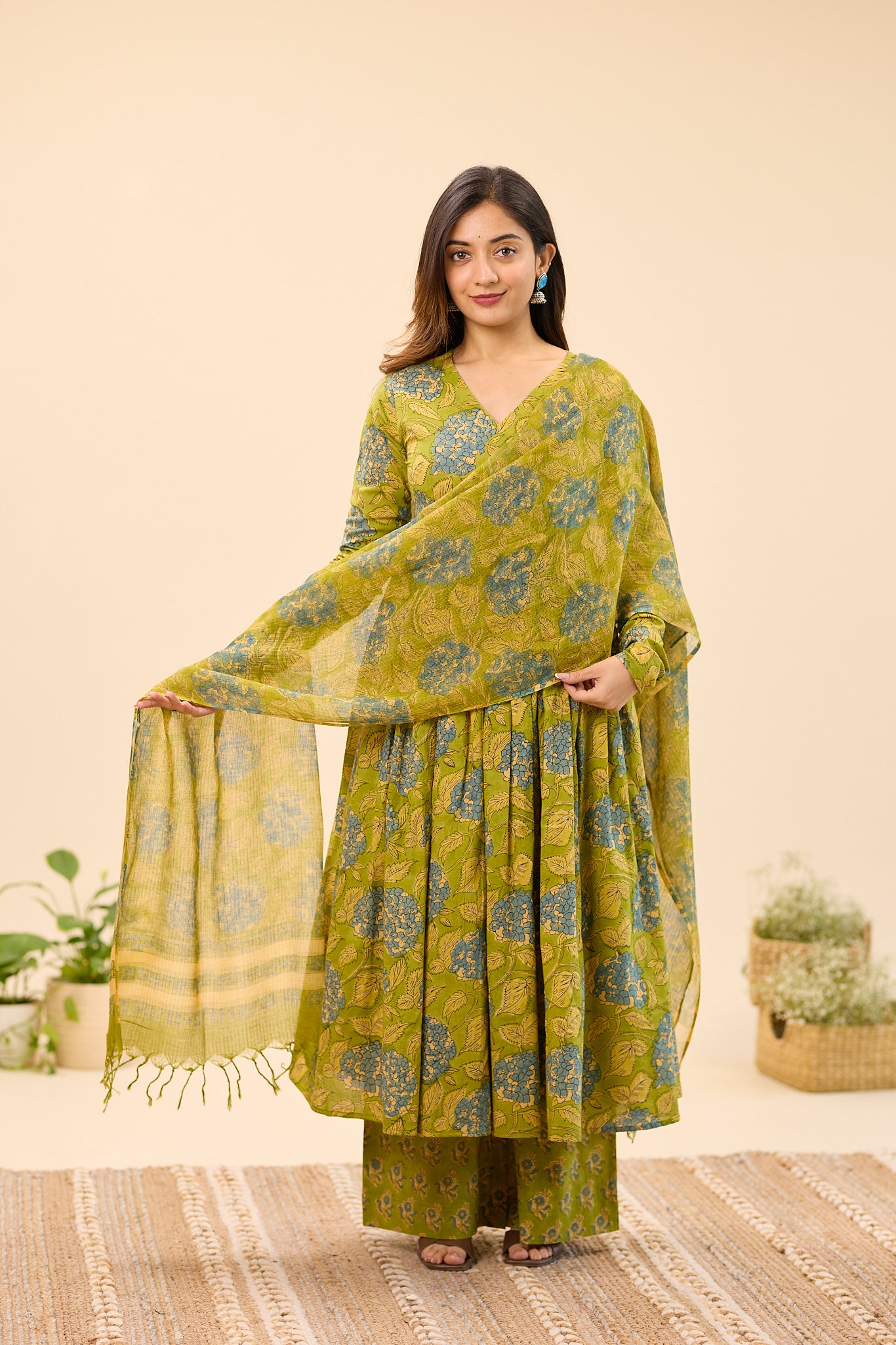 Leafy green with Blue Floral Printed Alia Cut Kota Dupatta