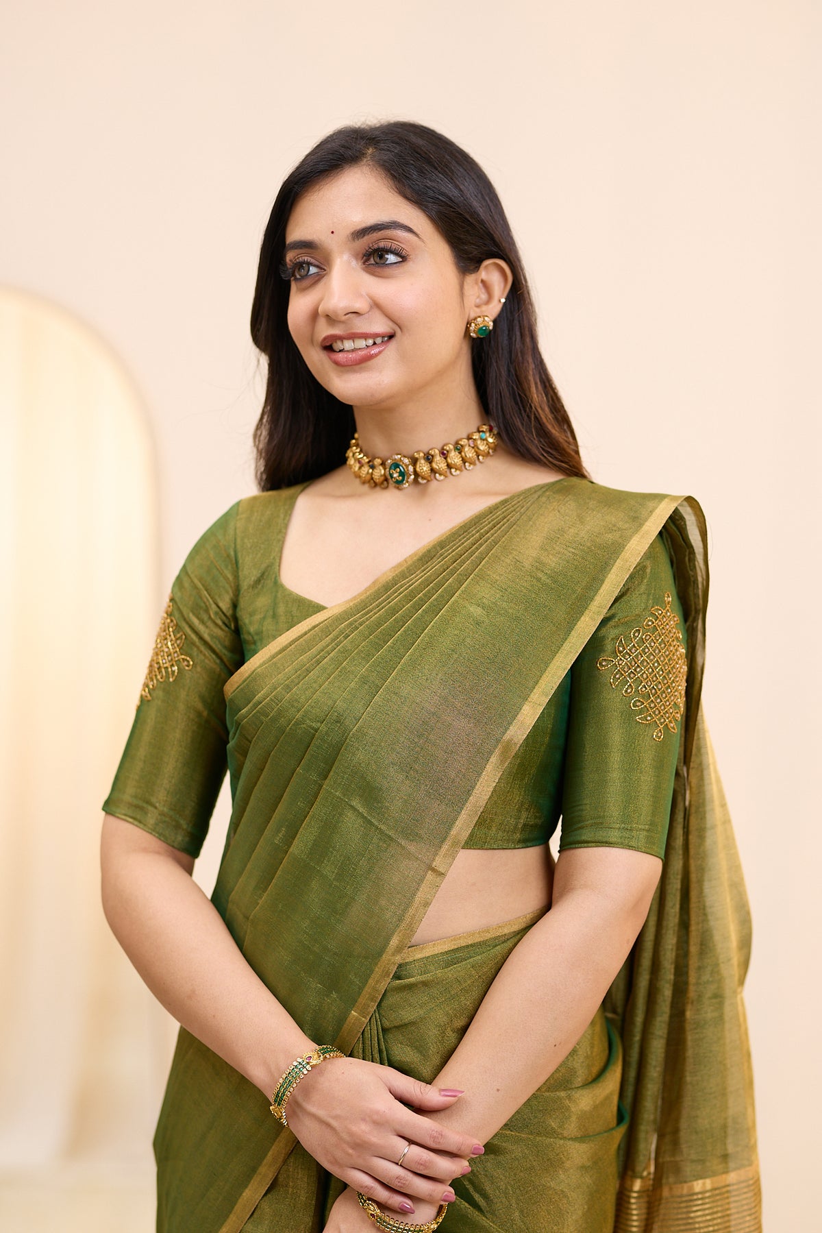 Antique Olive Maheshwari Tissue Silk Cotton Saree