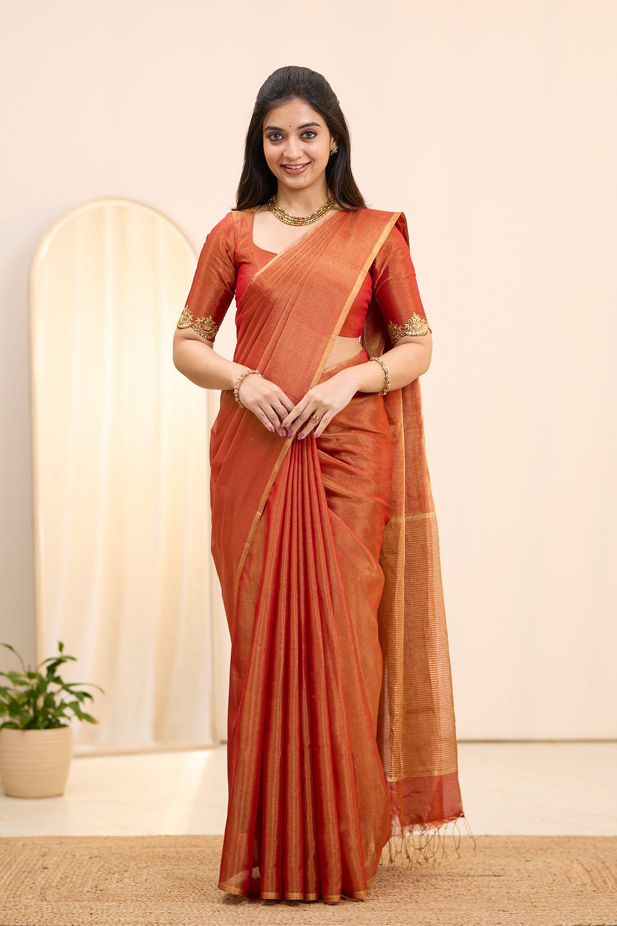 Terracotta Sunset Maheshwari Tissue Silk Cotton Saree