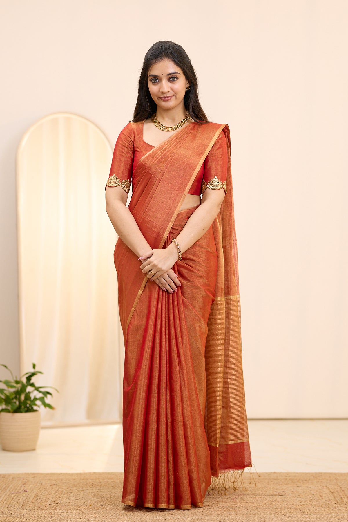 Terracotta Sunset Maheshwari Tissue Silk Cotton Saree