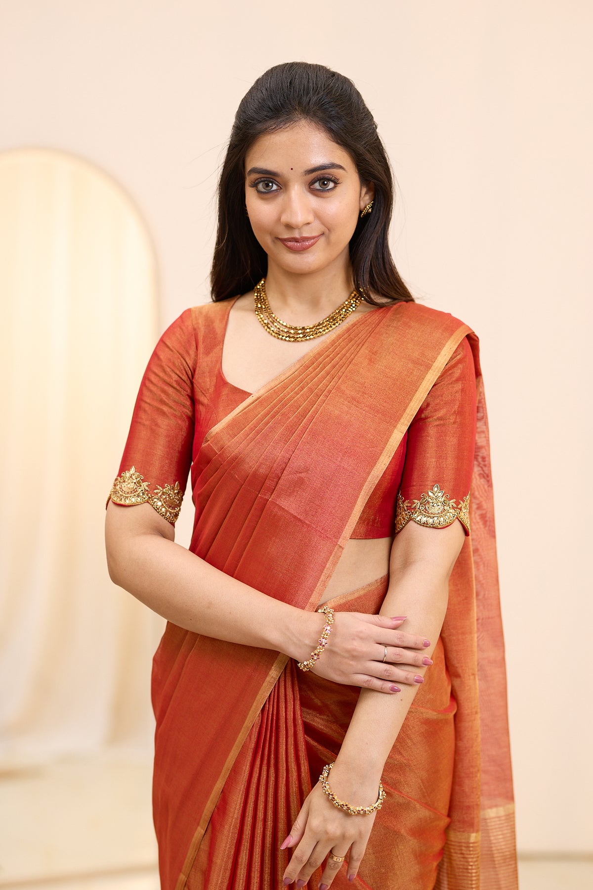 Terracotta Sunset Maheshwari Tissue Silk Cotton Saree