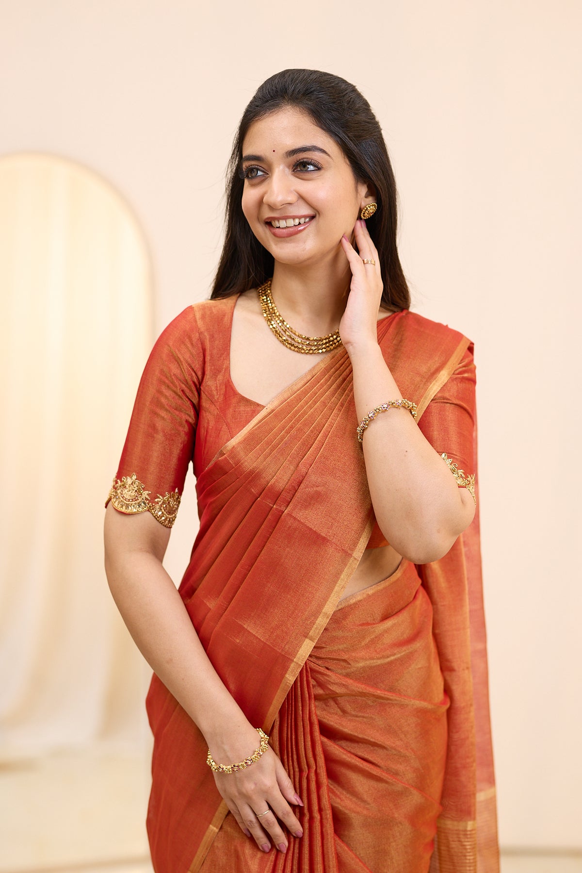 Terracotta Sunset Maheshwari Tissue Silk Cotton Saree
